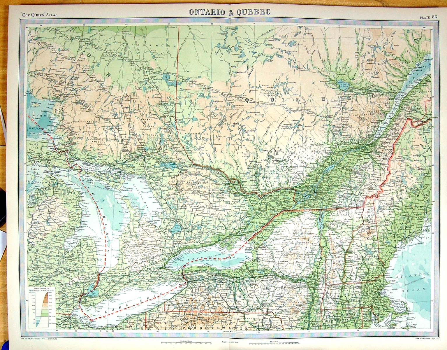 Old Print Times Map 1922 Ontario Quebec Canada Lake Ontario Buffalo Huron 20th