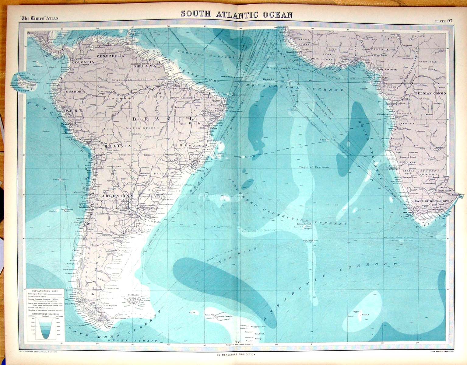 Old Times Map 1922 South Atlantic Ocean Brazil Falkland Belgian Congo 20th