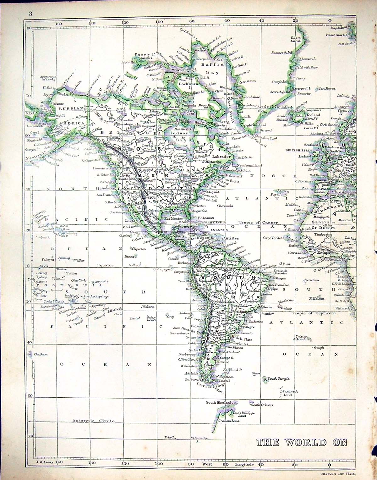 Old Print C1860 Lowry Map North South America Falkland Canada Baffin Bay 19th