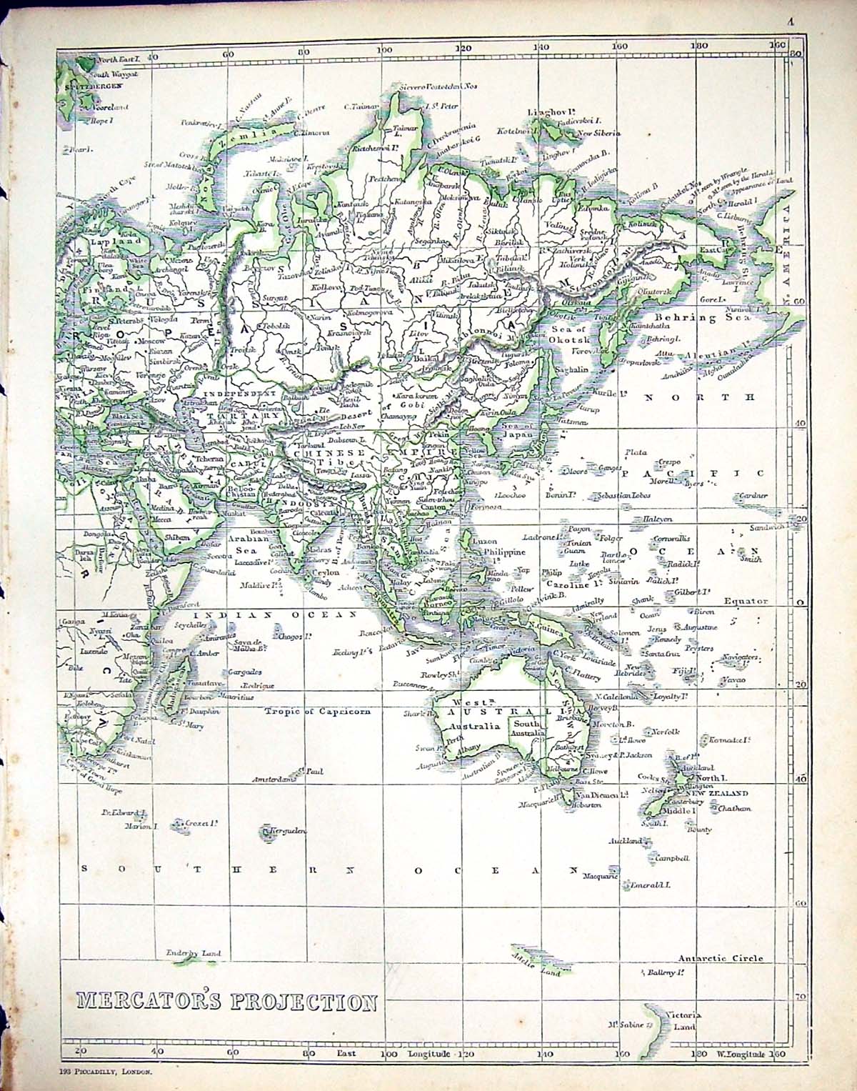 Old Print C1860 Lowry Map Asia Australia New Zealand Arabia Persia Africa 19th