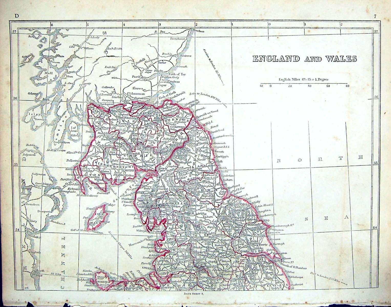 Antique Print C1860 Lowry Map England Wales Isle Man North Sea Solway Firth