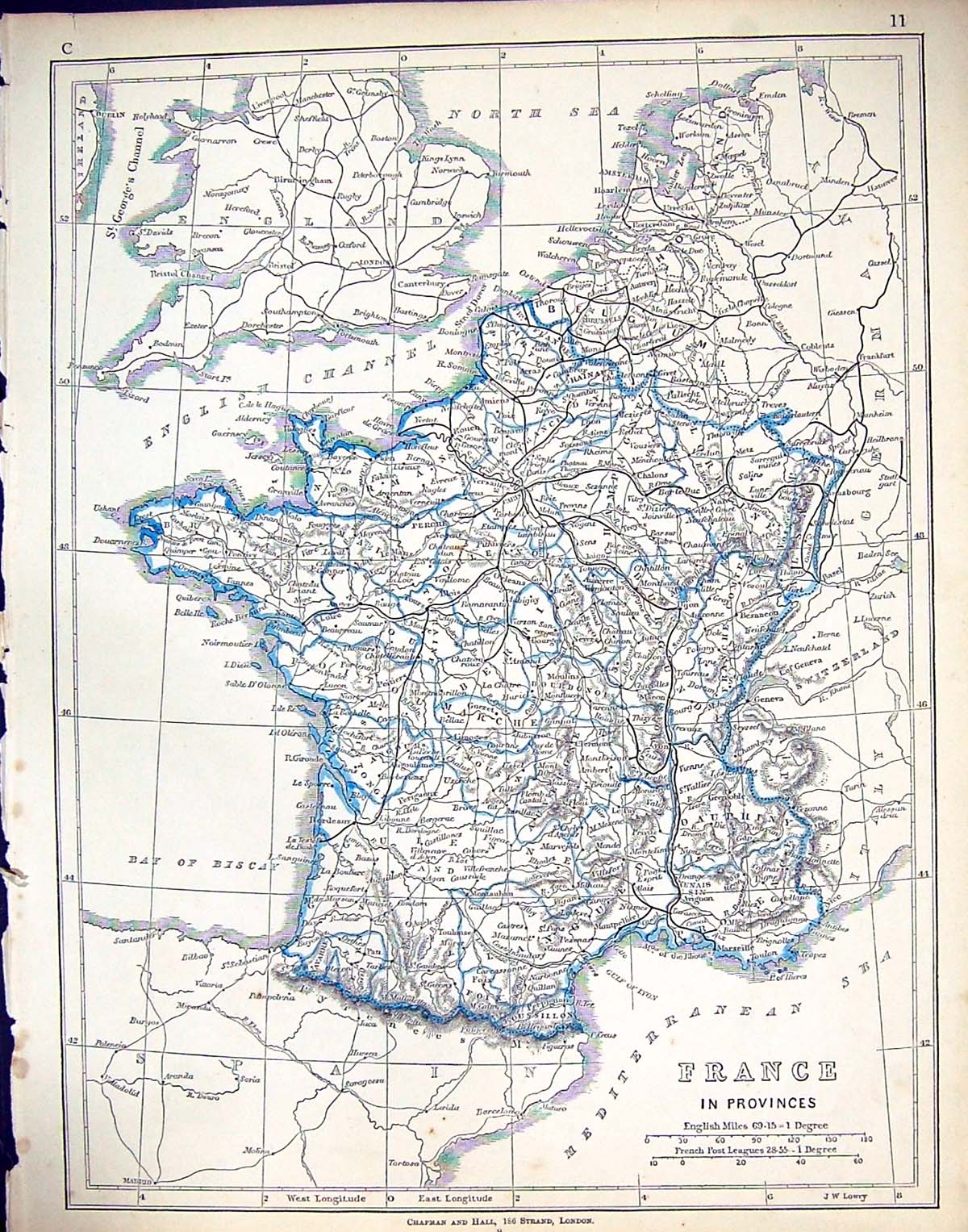 Antique Old Print C1860 Lowry Map Provinces France Paris Gulf Lyon Bay Biscay
