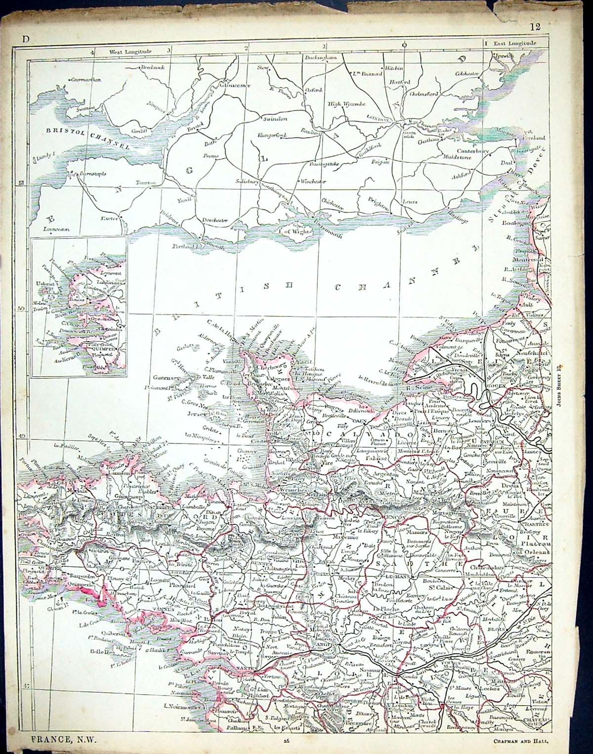 Old C1860 Lowry Map France English Channel Cherbourg Jersey Guernsey Victorian