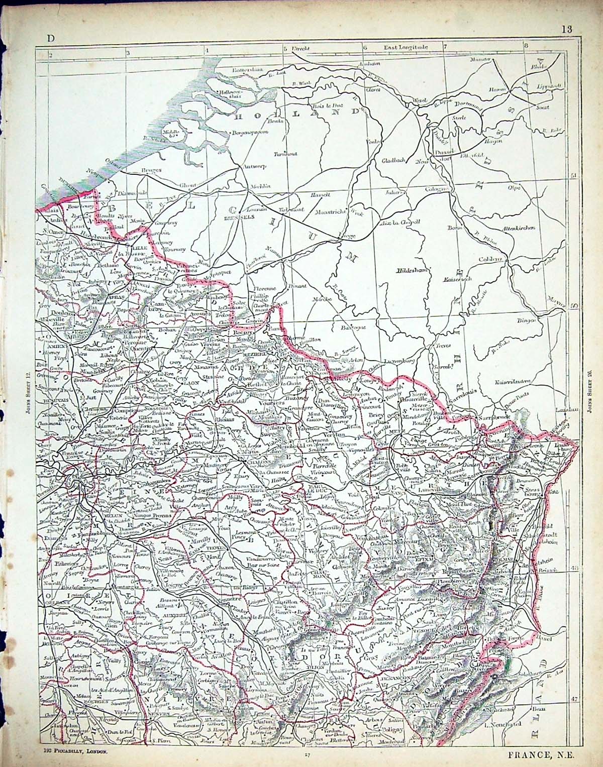 Old Antique Print C1860 Lowry Map France Nancy River Seine Melun Chalons 19th