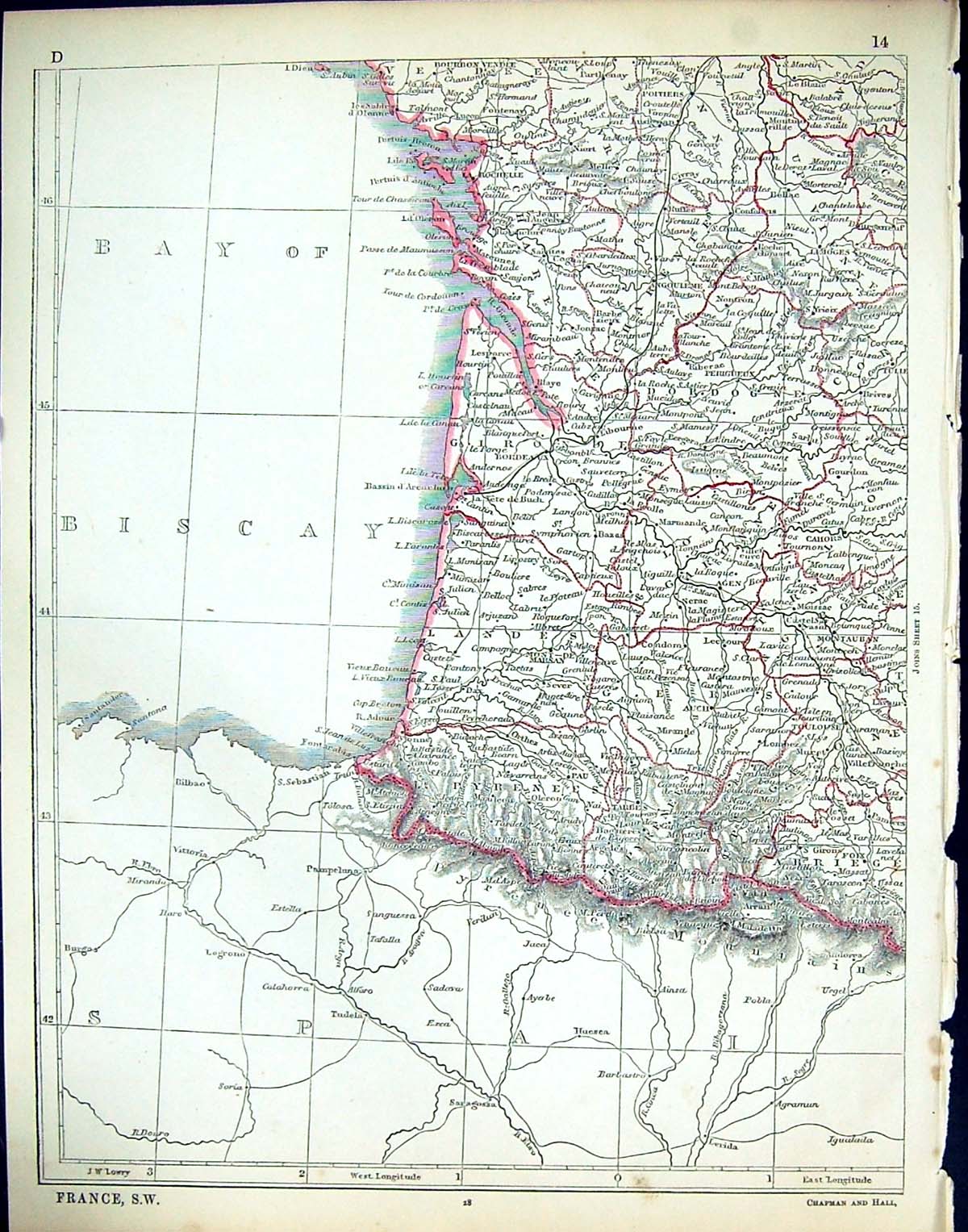 Antique Print C1860 Lowry Map South West France Bay Biscay Cahors Dordogne 19th