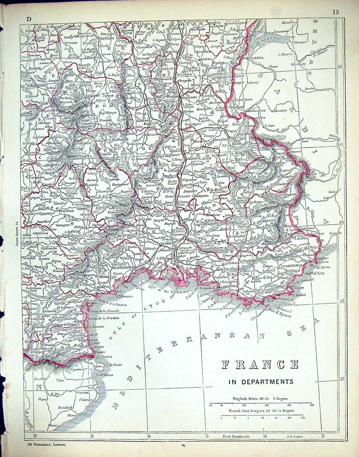 Old Print C1860 Lowry Map Departments France Gulf Lyon Mediterranean Sea 19th