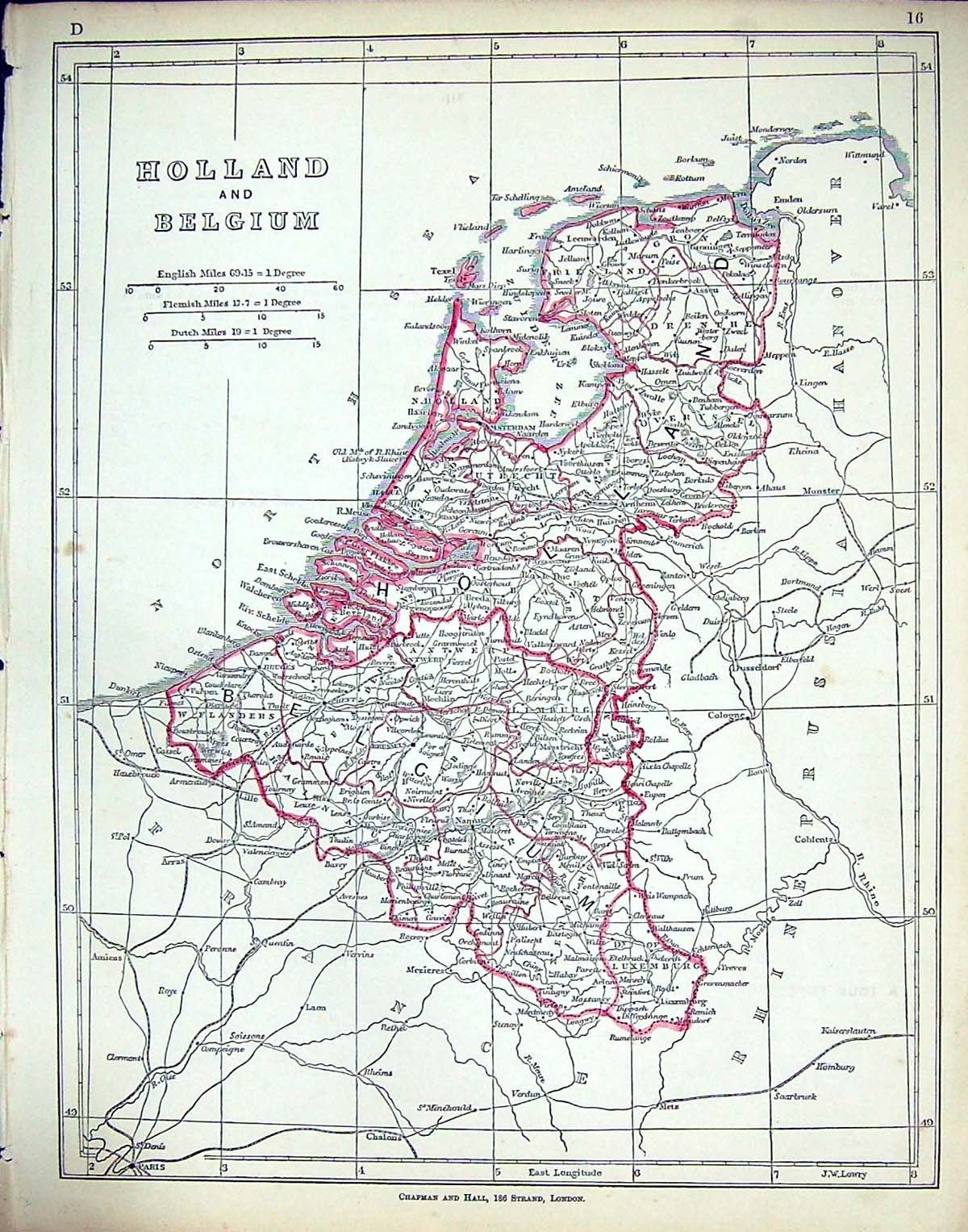 Original Old Antique Print C1860 Lowry Map Holland Belgium North Sea Suider Zee