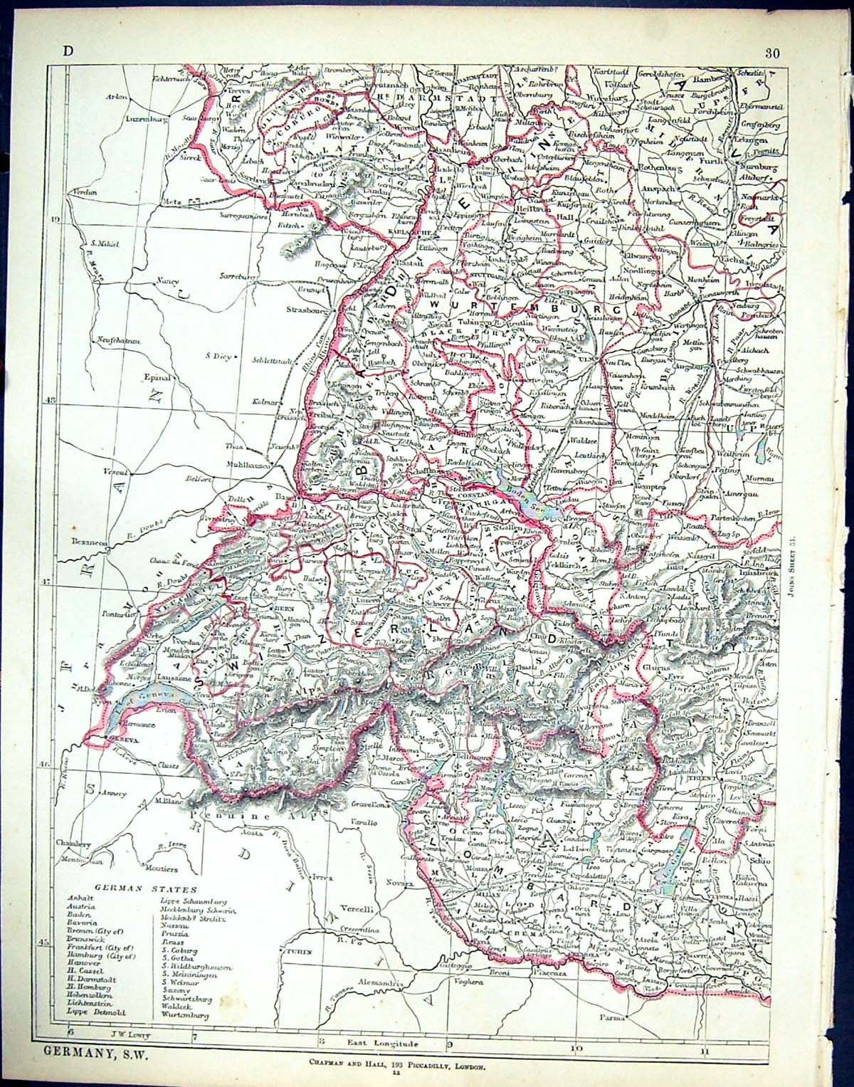 Old Print C1860 Lowry Map South West Germany Appenzell Wurtemburg Geneva 19th