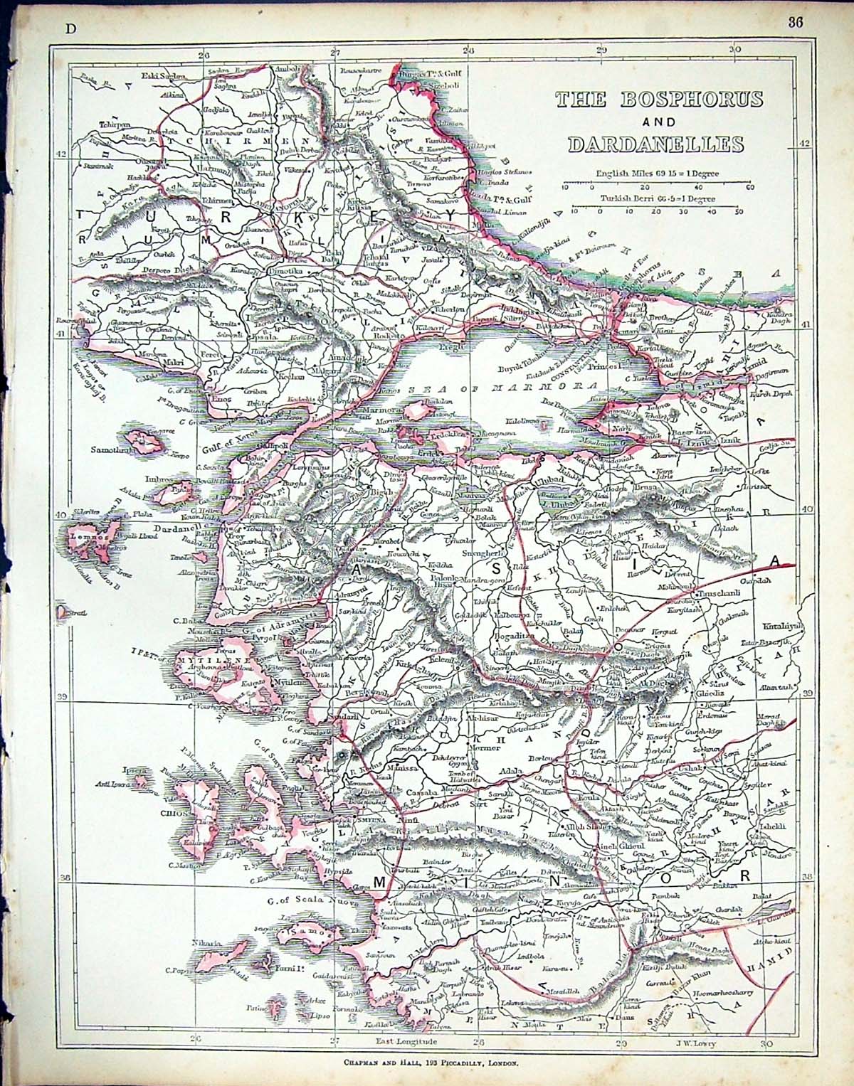 Antique Old Print Bosphorus Dardanelles Asia Minor Marmora C1860 Lowry Map 19th
