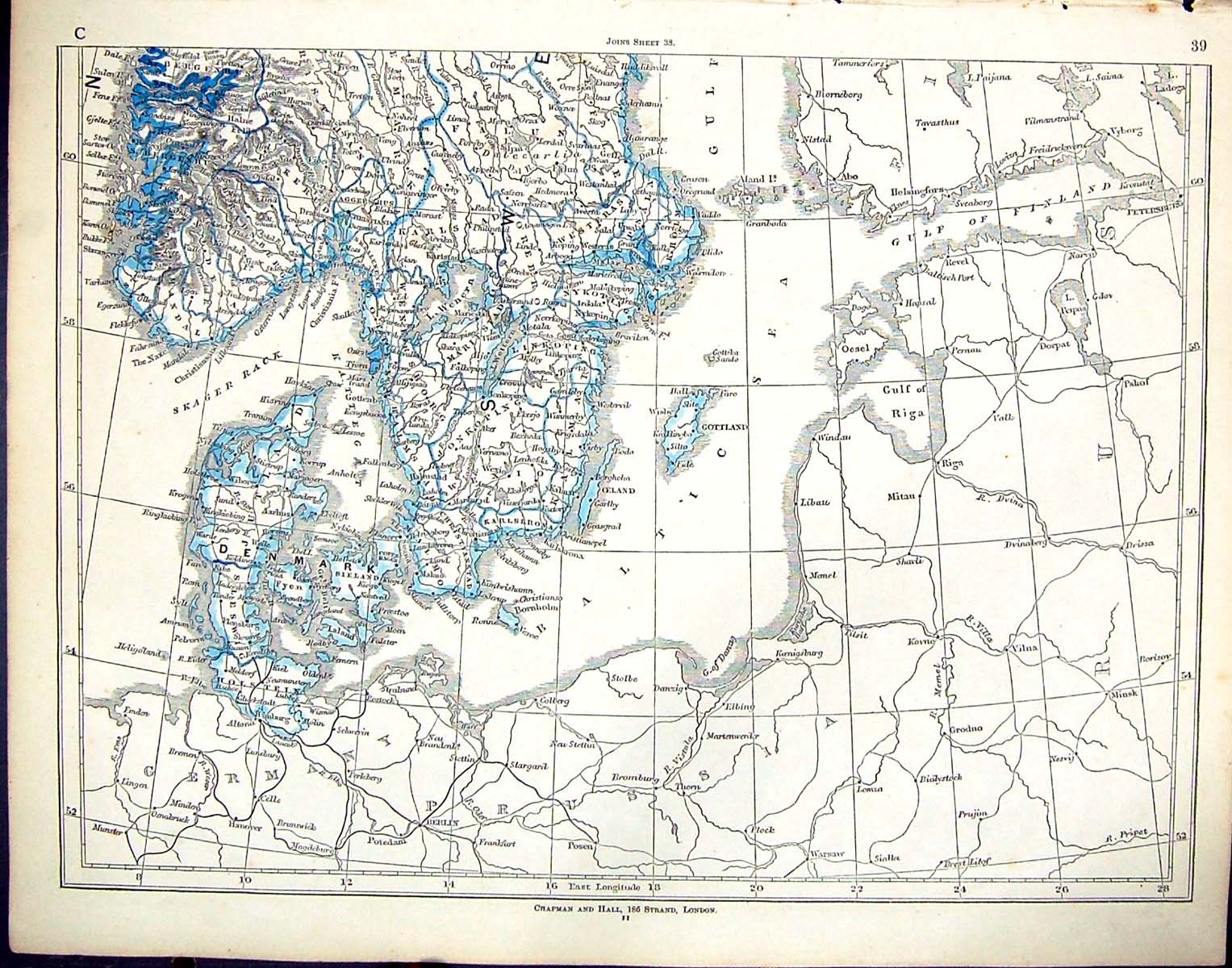 Old Antique Print C1860 Lowry Map Denmark Gottland Skager Rack Holstein 19th