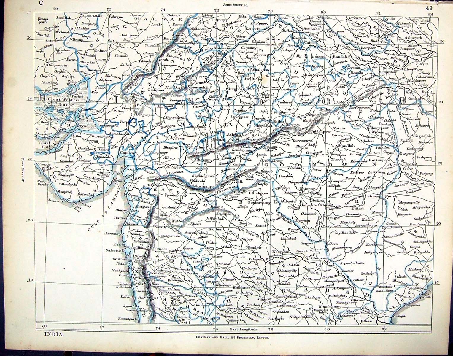 Old Print C1860 Lowry Map India Kandeish Hydrabad Ellore Joonagur Lucknow 19th