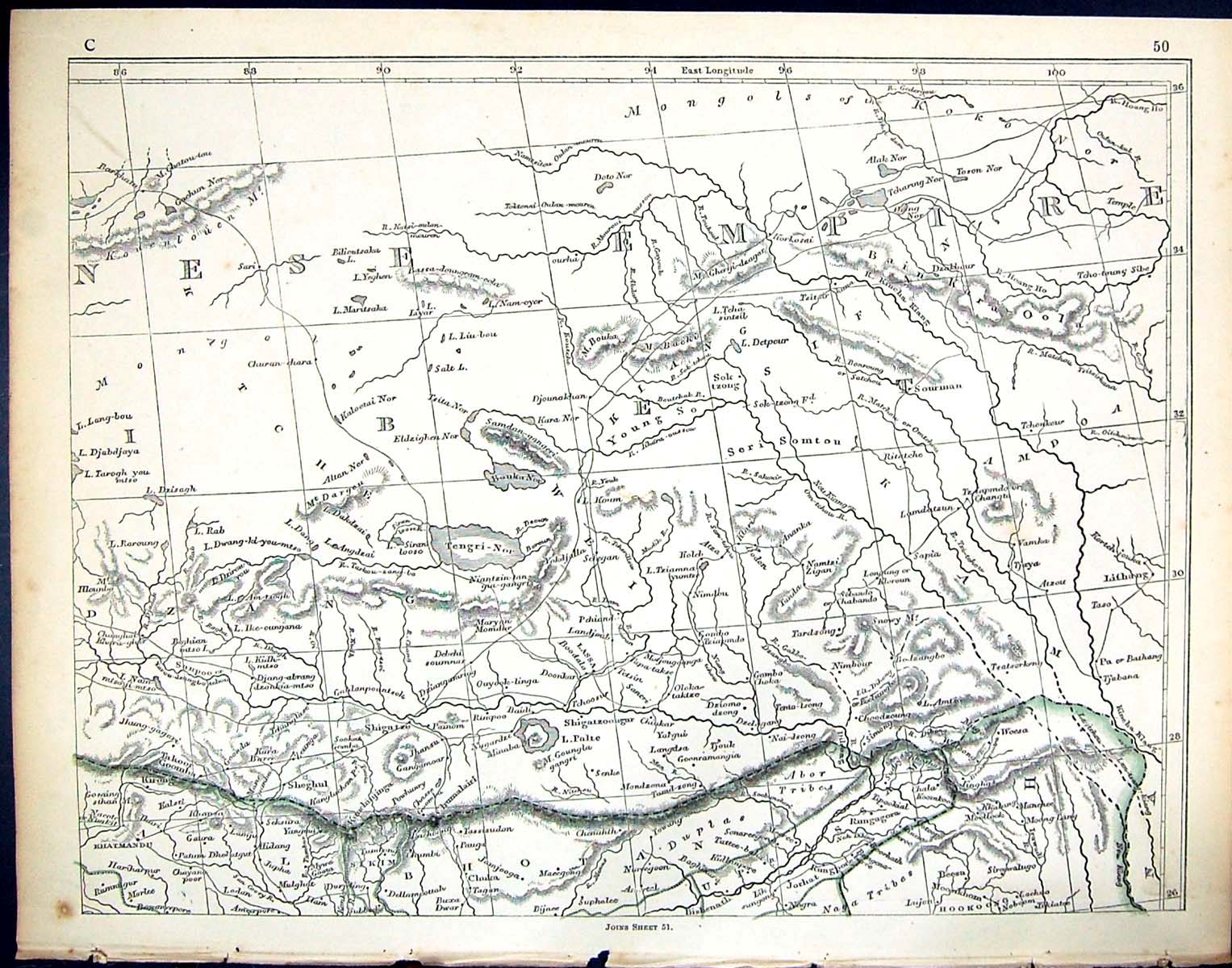 Antique Old Print C1860 Lowry Map Chinese Empire Lithang Shigatze Khatmandu