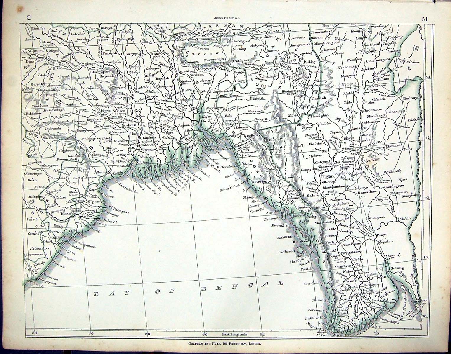 Old C1860 Lowry Map Bay Bengal Kuttack Mungdoo Ramree Setang Perowing Victorian
