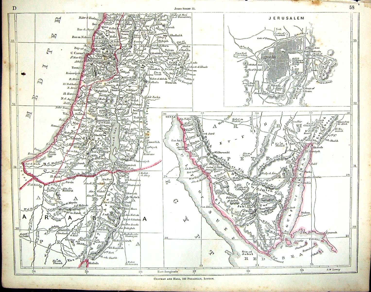 Old C1860 Lowry Map Jerusalem Arabia Gulf Suez Dead Sea Mediterranean Victorian