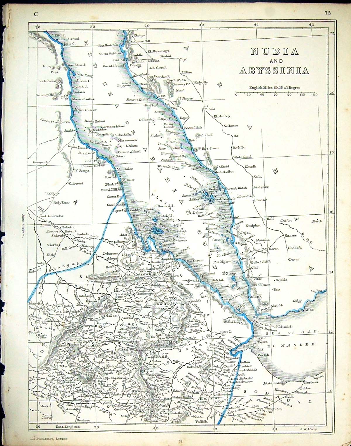 Old Print C1860 Lowry Map Nubia Abyssinia Red Sea Giralda Zoogur Antalow 19th