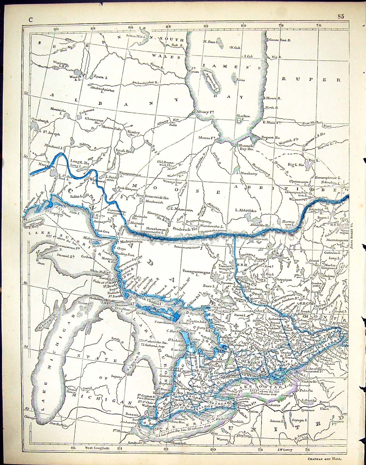 Antique Old Print C1860 Lowry Map Canada James'S Bay Lake Superior Ontario 19th