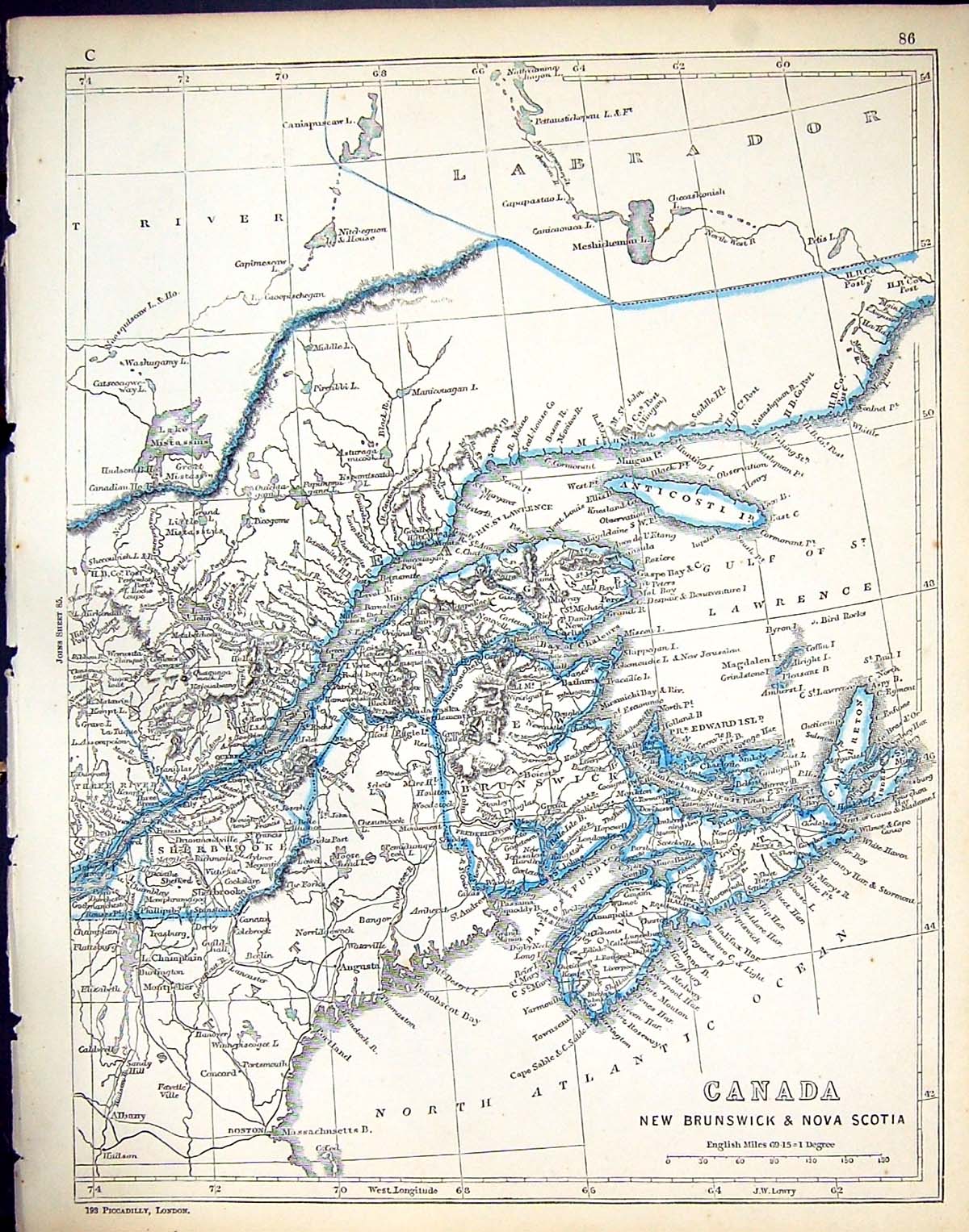 Old C1860 Lowry Map Canada New Brunswick Nova Scotia Bay Funday Scoti Victorian