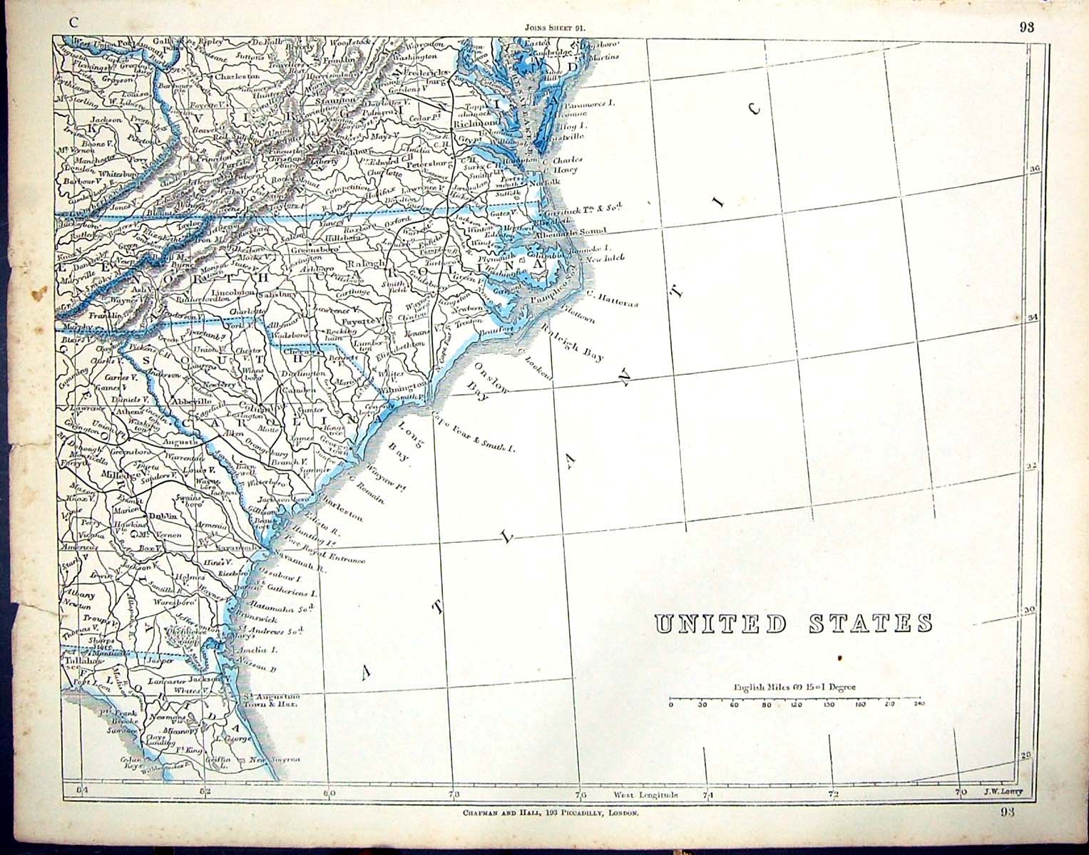 Old C1860 Lowry Map United States America Onslow Bay Carolina Florida Victorian