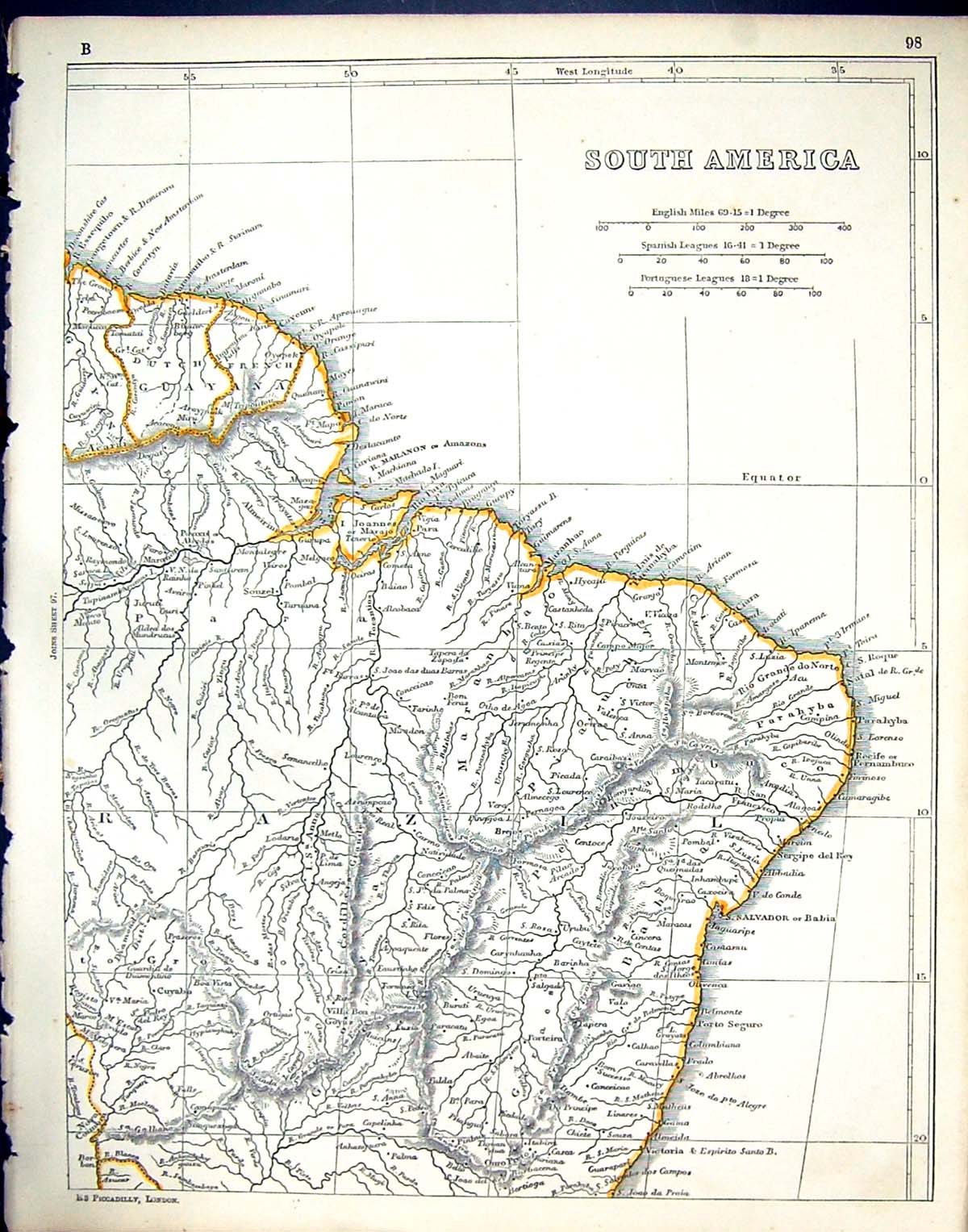 Antique Print C1860 Lowry Map South America Brazil Equator Salvador Amazons