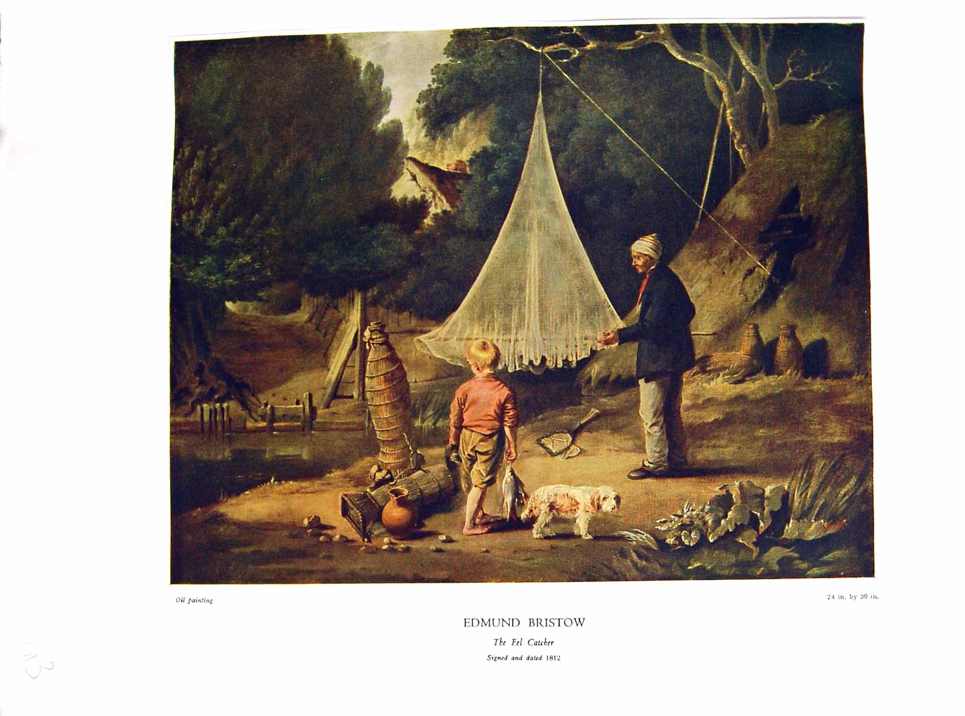 Antique Print NettlefGrundy 1933 Oil Painting Eel Catcher Net Fishing Edmun