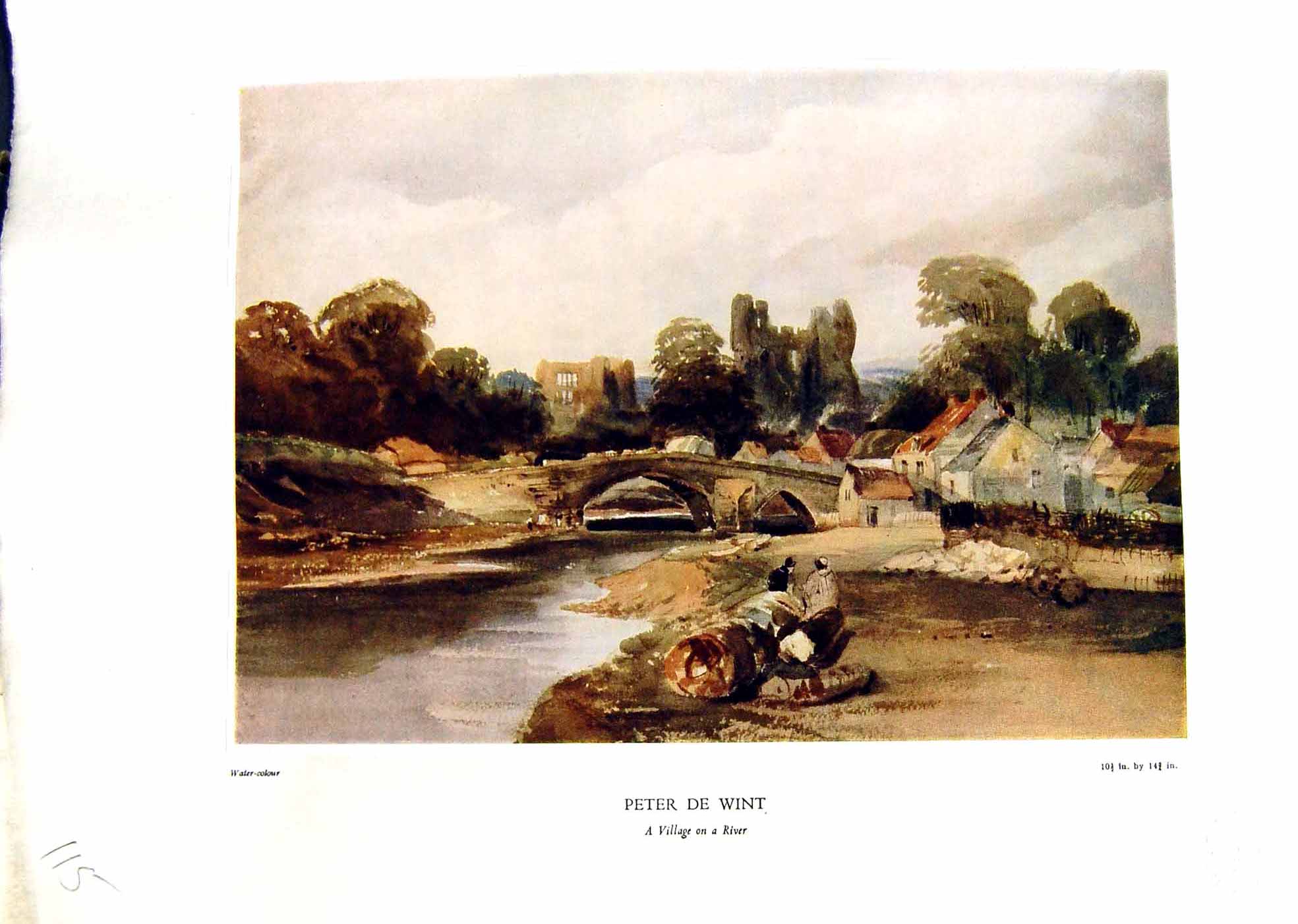 Antique Old Print Village Scene River Bridge NettlefGrundy 1935 Peter De Wint