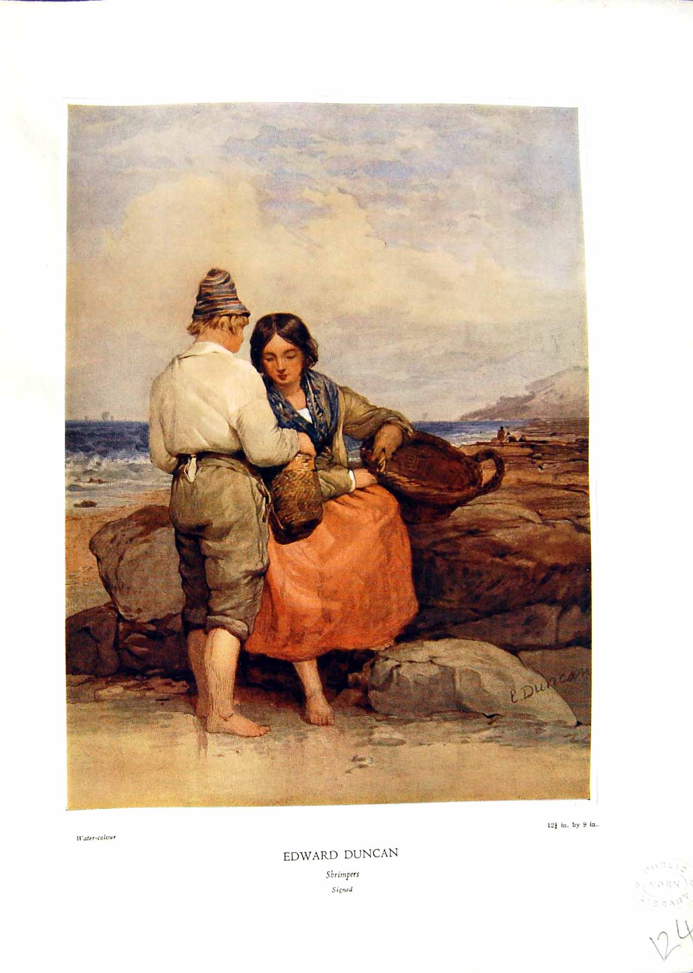Antique Old Print NettlefGrundy Water 1935 Shrimpers Fishing Edward Duncan 20th
