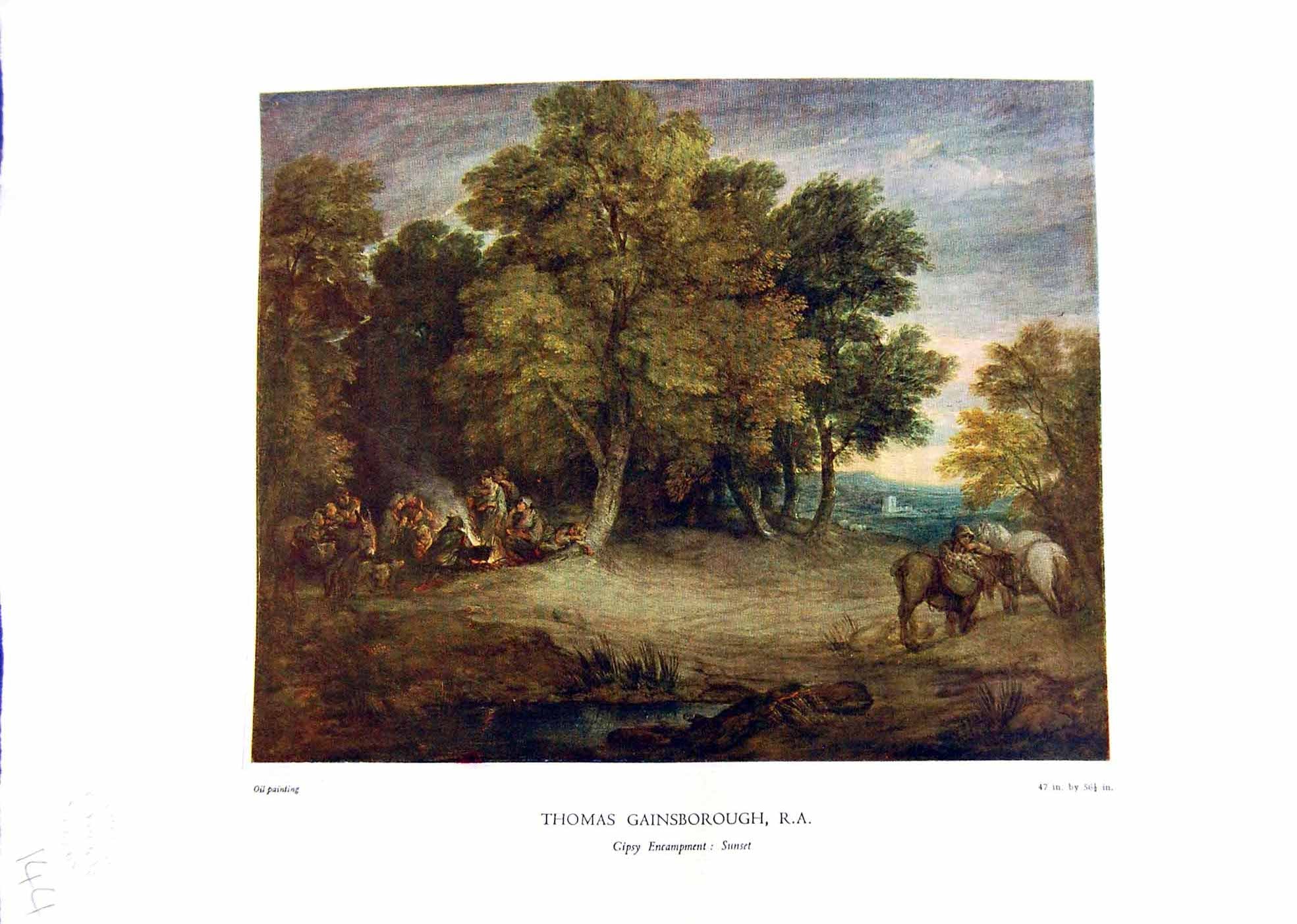 Antique Print NettlefGrundy Oil Painting 1935 Gipsy Encampment Sunset Gains
