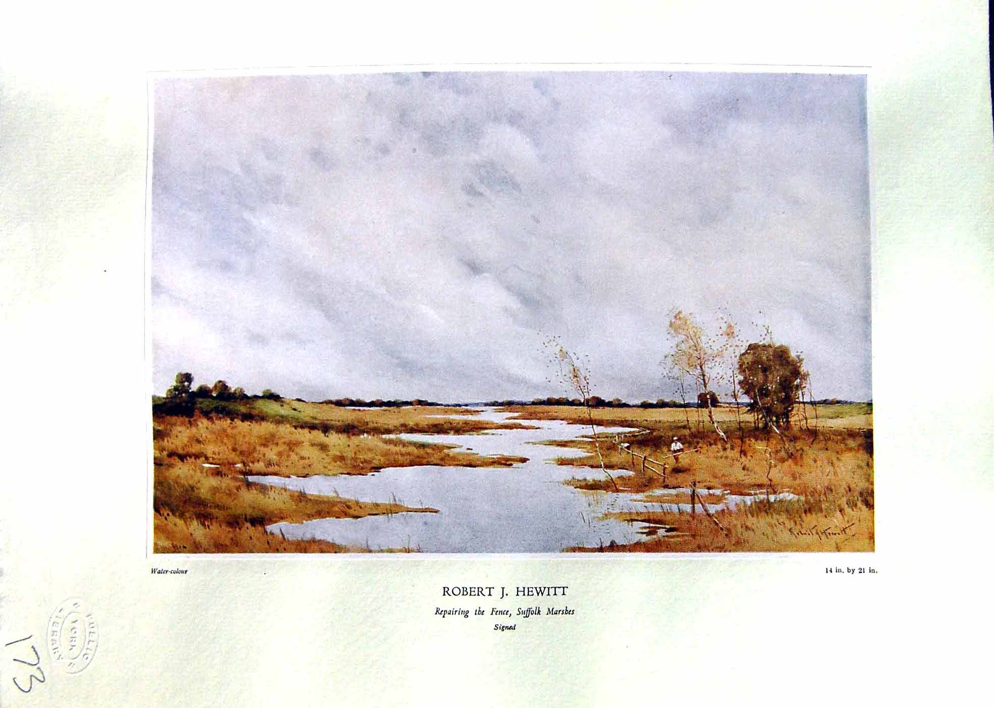 Antique Print NettlefGrundy Water 1935 Repairing Fence Suffolk Marshes Hewi