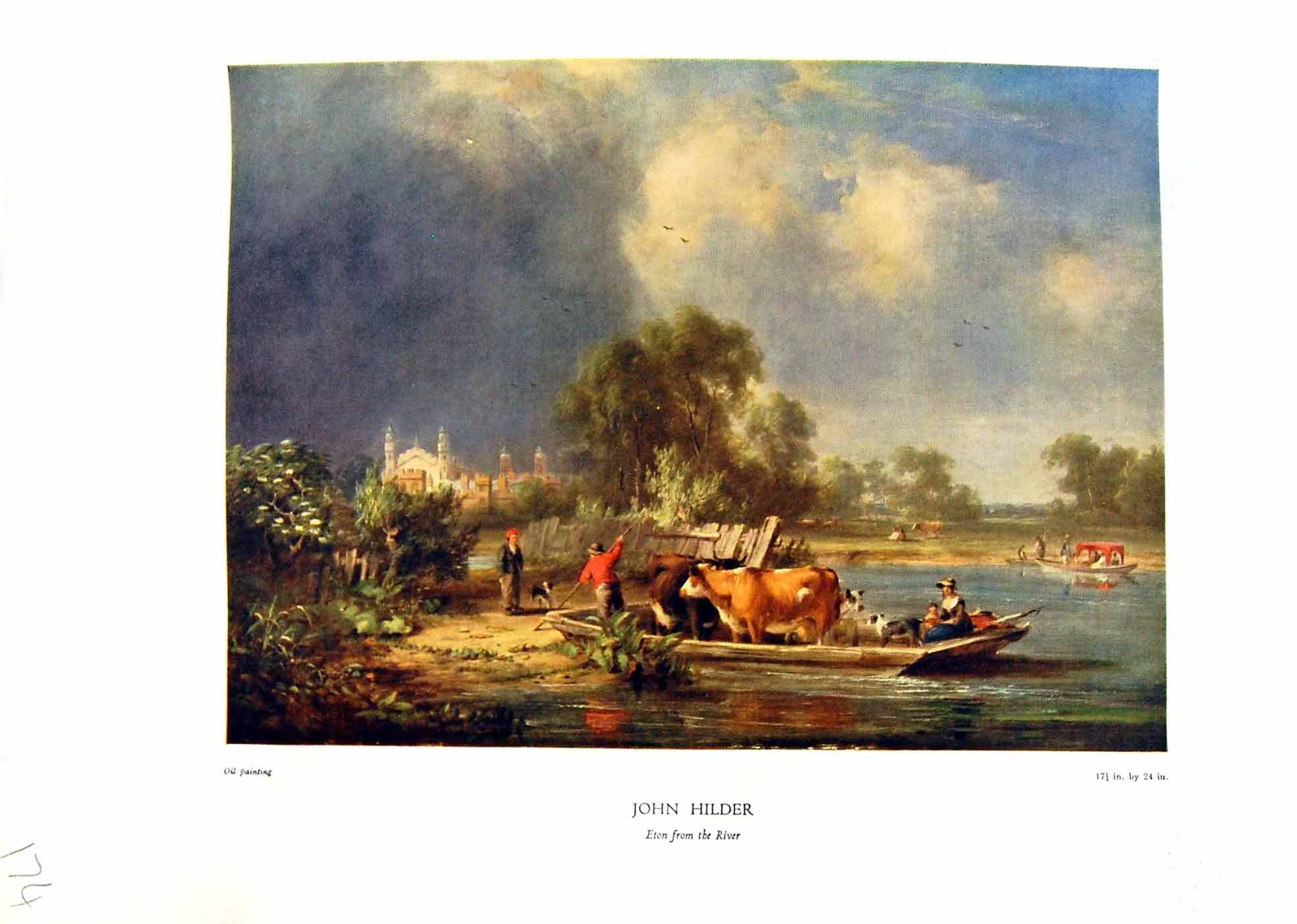 Antique Print NettlefGrundy Oil Painting 1935 Eton River Boat Cattle John H