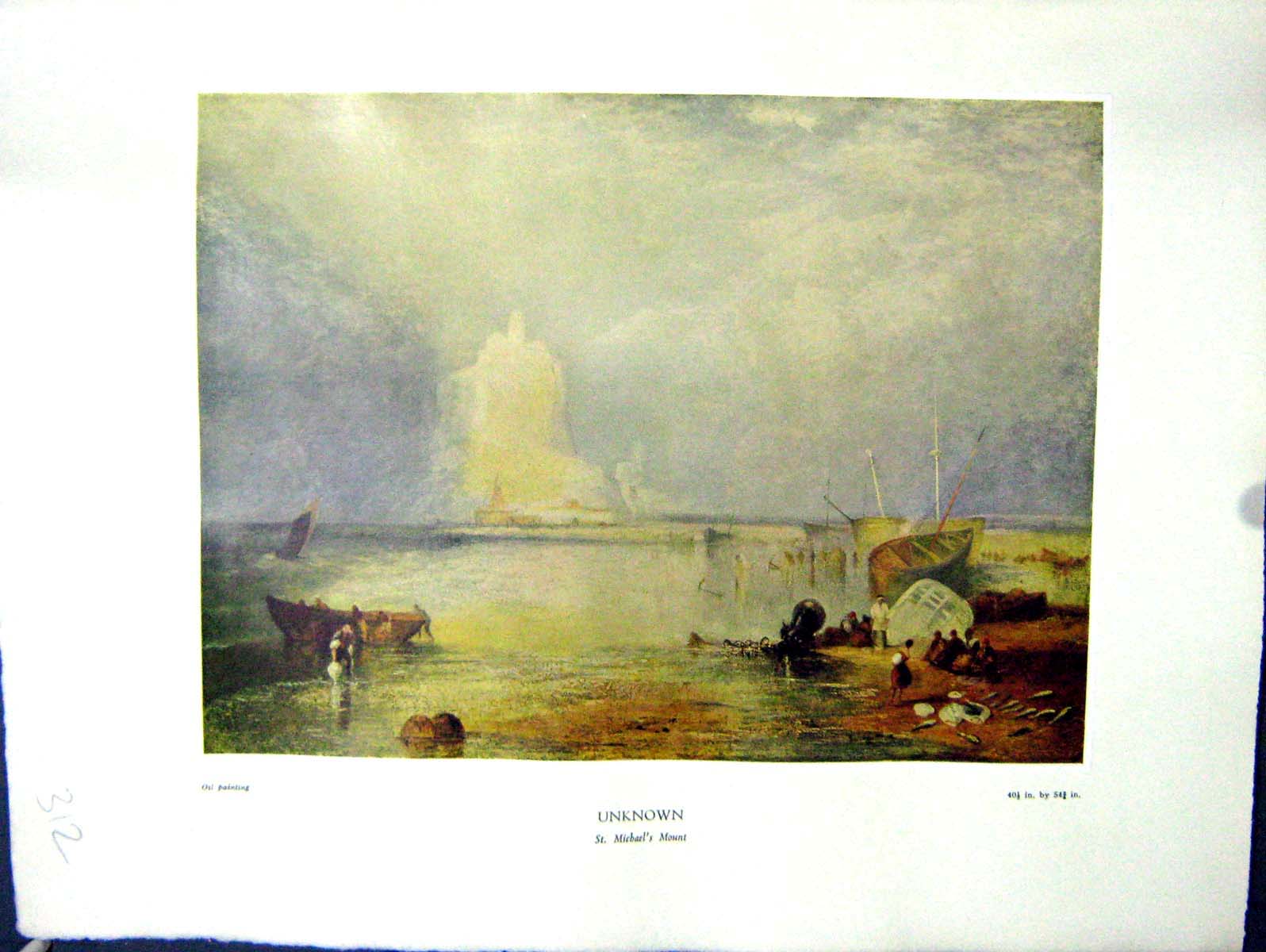 Antique Print 1938 NettlefGrundy Oil Painting View St. Michael'S Mount Sea 20th