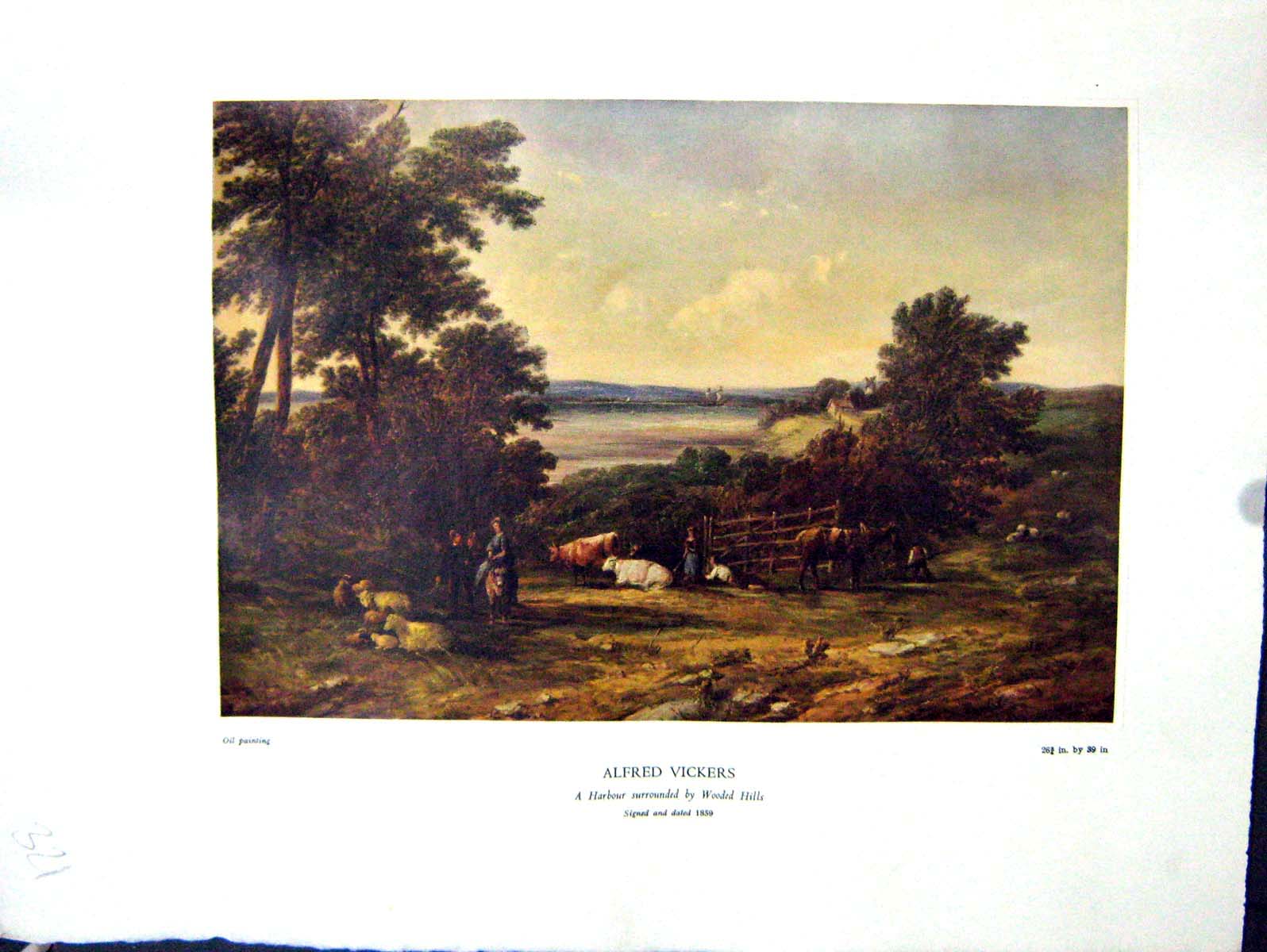 Antique Print 1938 NettlefGrundy Oil Painting Harbour Wooded Hills Cattle S