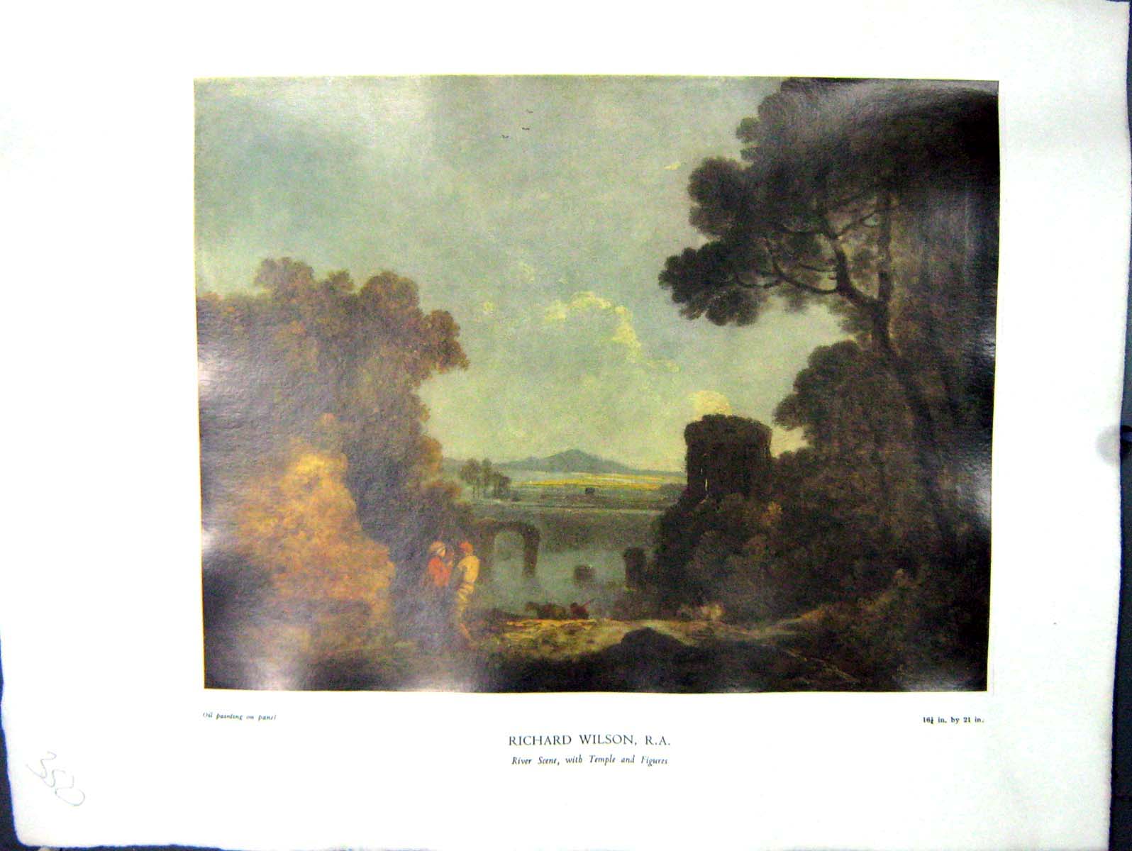 Antique Print 1938 NettlefGrundy Oil Painting River Scene Temple Figures Ri