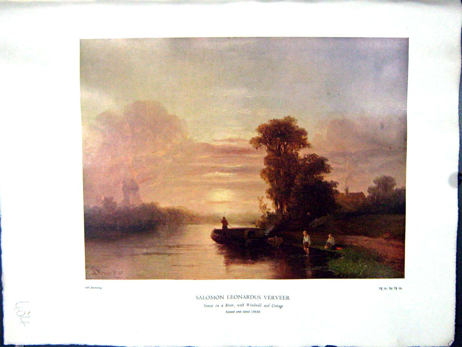 Antique Print 1938 NettlefGrundy Oil Painting Verveer Sunset River Windmill