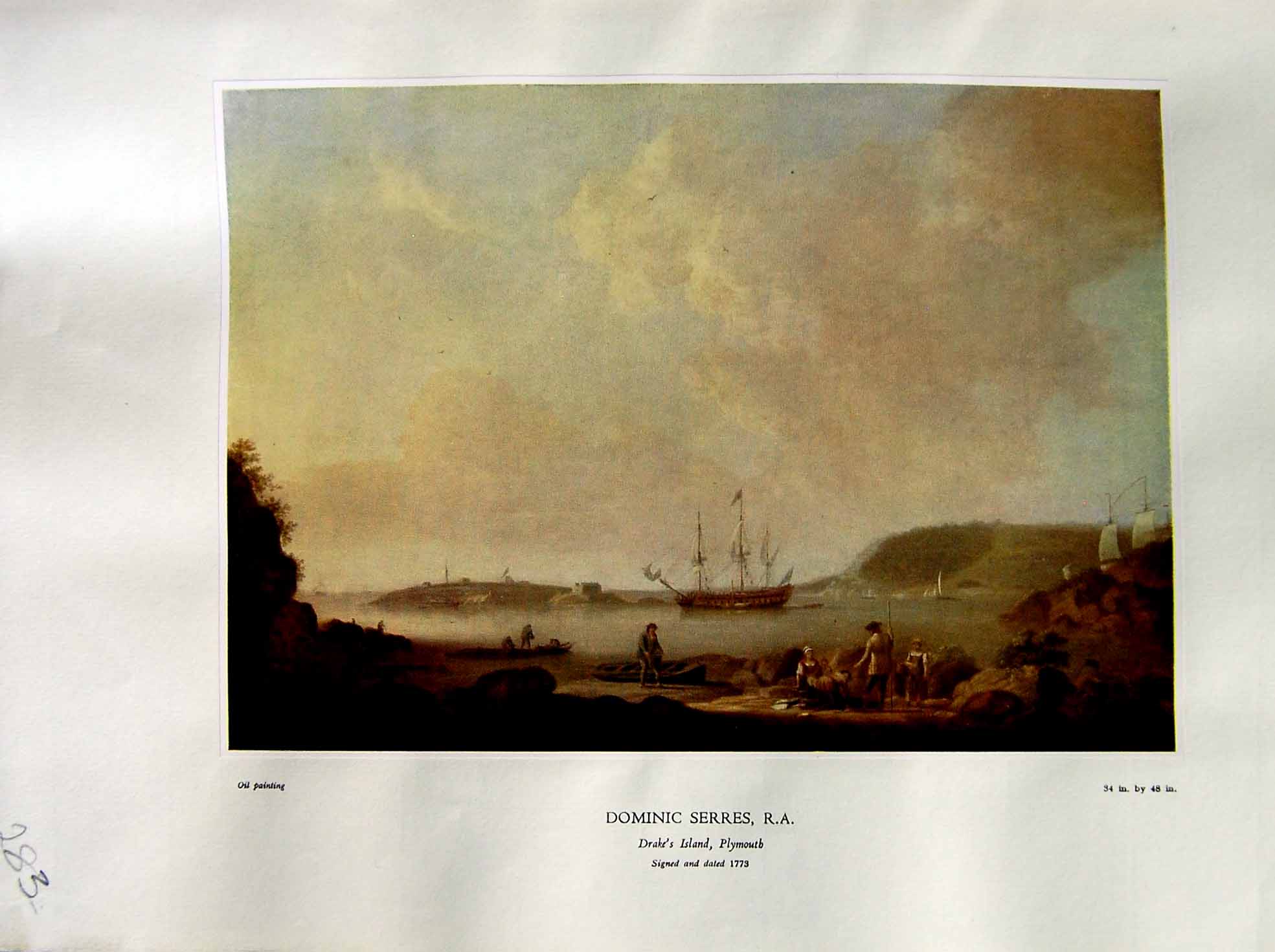 Antique Print 1937 NettlefGrundy Oil Painting Drake'S Island Plymouth Ships