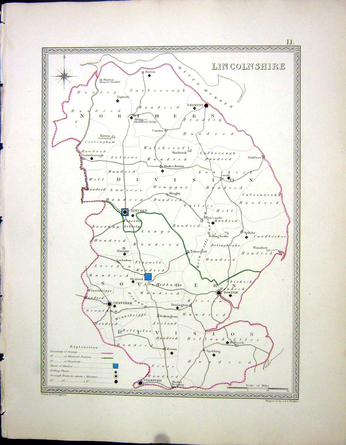 Old Print Walker Creighton Map C1850 Lincolnshire England Lincoln Boston 19th