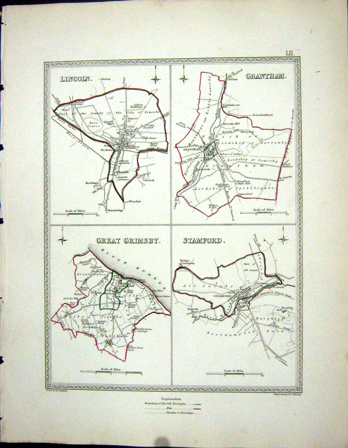 Old Walker Creighton Map C1850 Plan Lincoln Grantham Stamford Grimsby Victorian