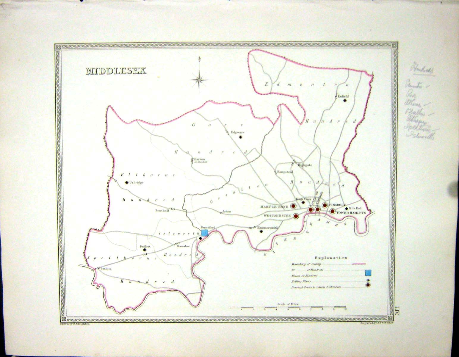 Old Walker Creighton Map C1850 Middlesex England Tower Hamlets Finsbu Victorian