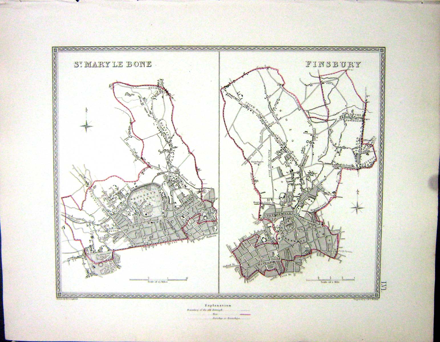 Antique Print Walker Creighton Map C1850 Plan Finsbury Mary Le Bone England