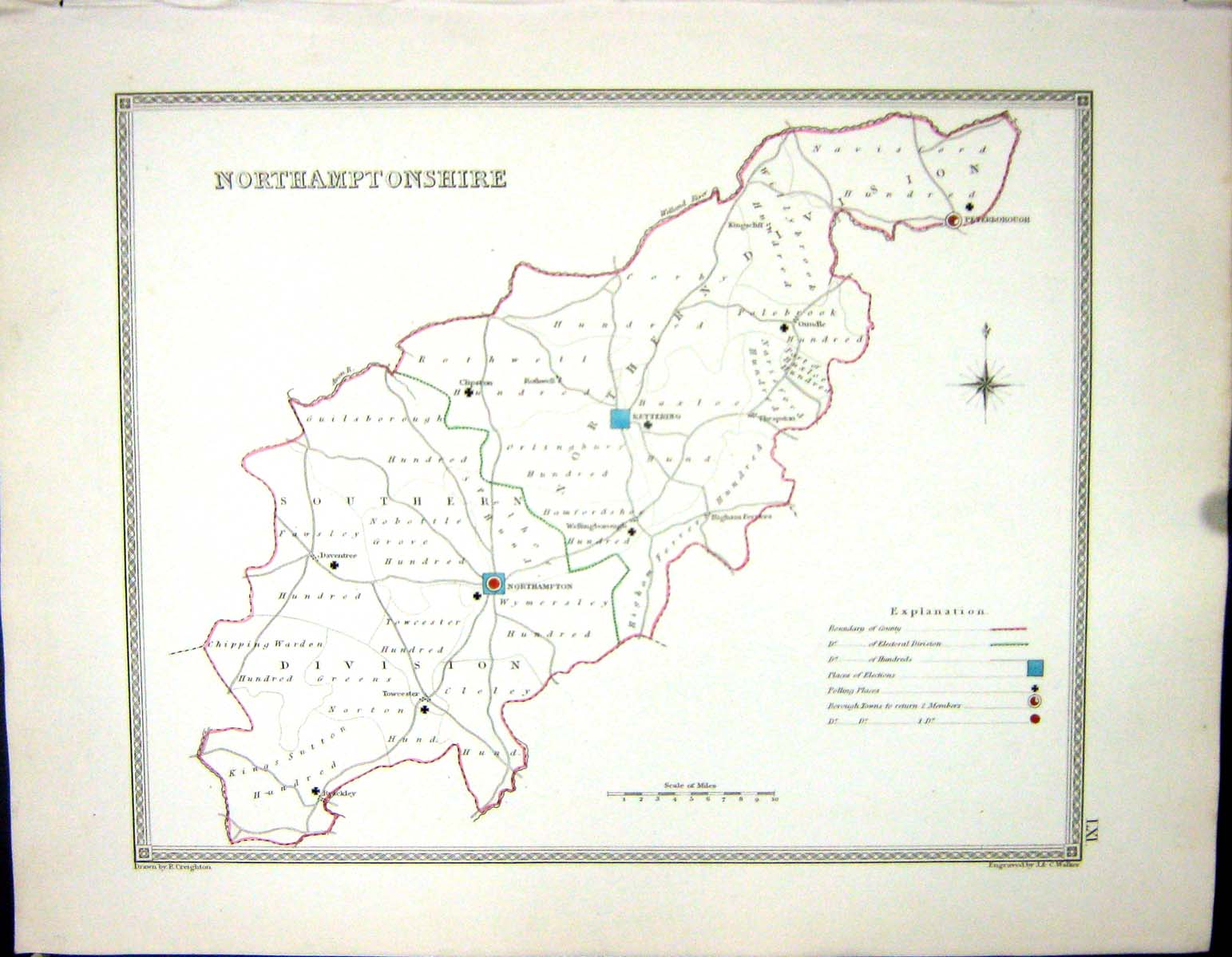 Old Print Walker Creighton Map C1850 Northamptonshire England Northampton 19th