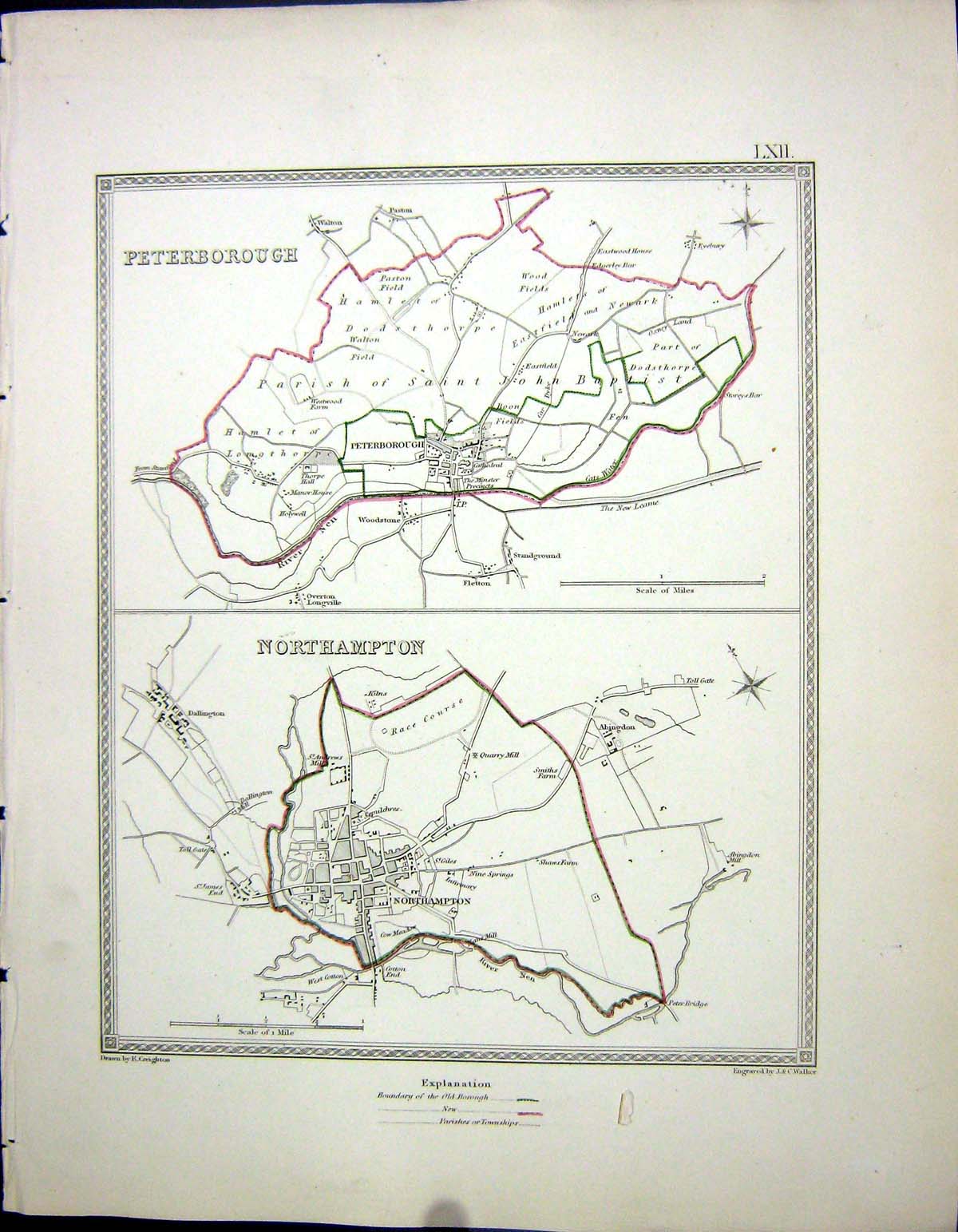 Old Walker Creighton Map C1850 Plan Peterborough Northampton England Victorian