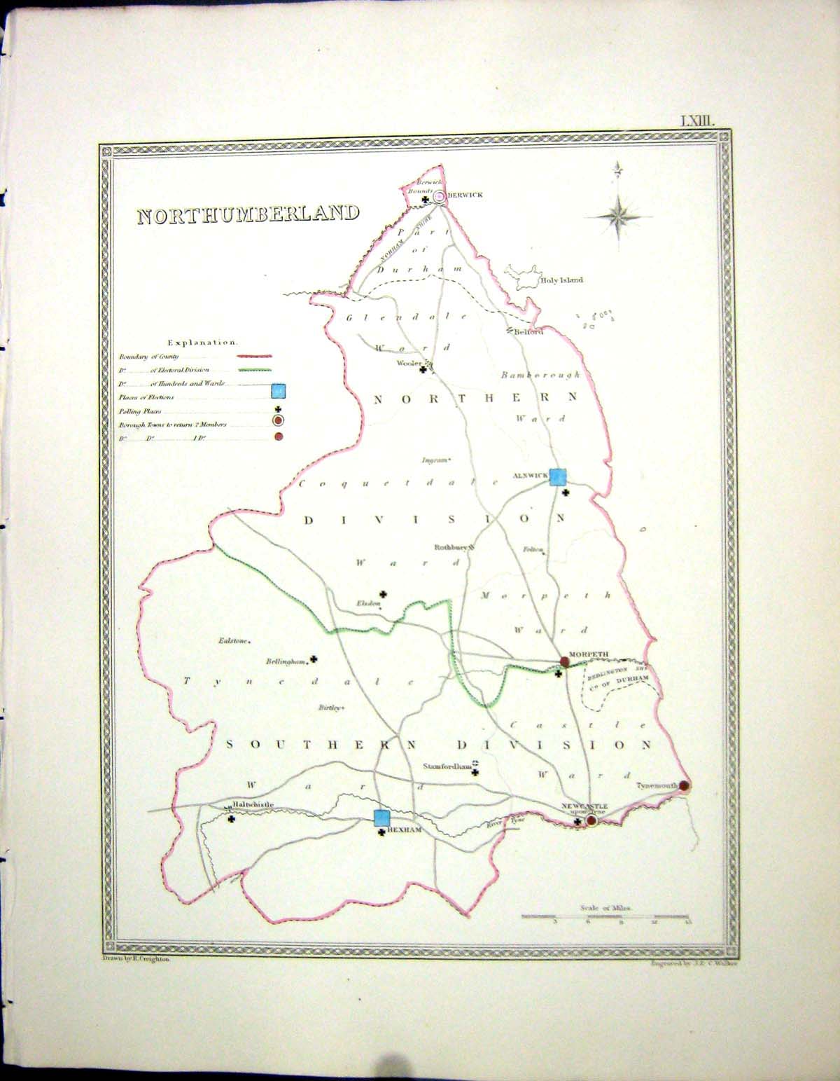 Old Northumberland England Morpeth Berwick Walker Creighton Map C1850 Victorian
