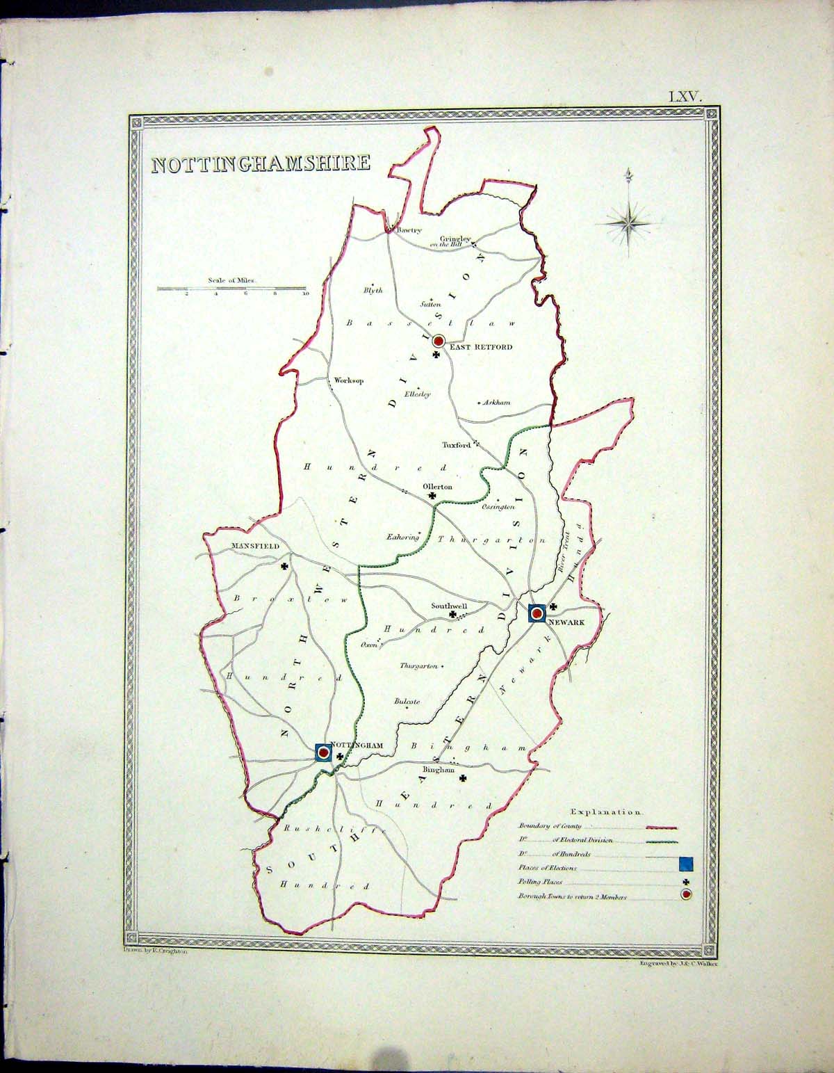 Old Walker Creighton Map C1850 Nottinghamshire England Nottingham New Victorian