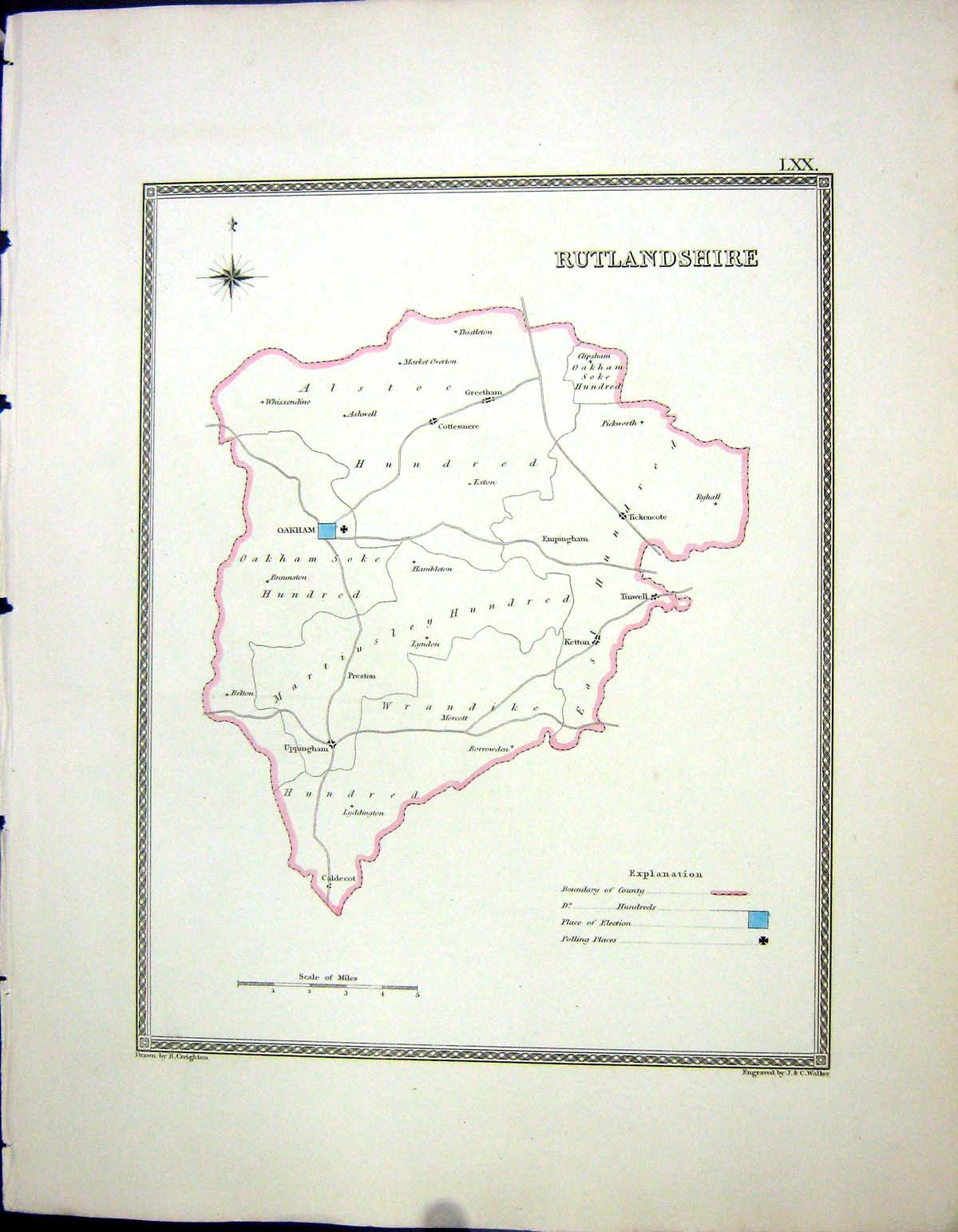 Antique Print Walker Creighton Map C1850 Rutlandshire England Oakham Ketton