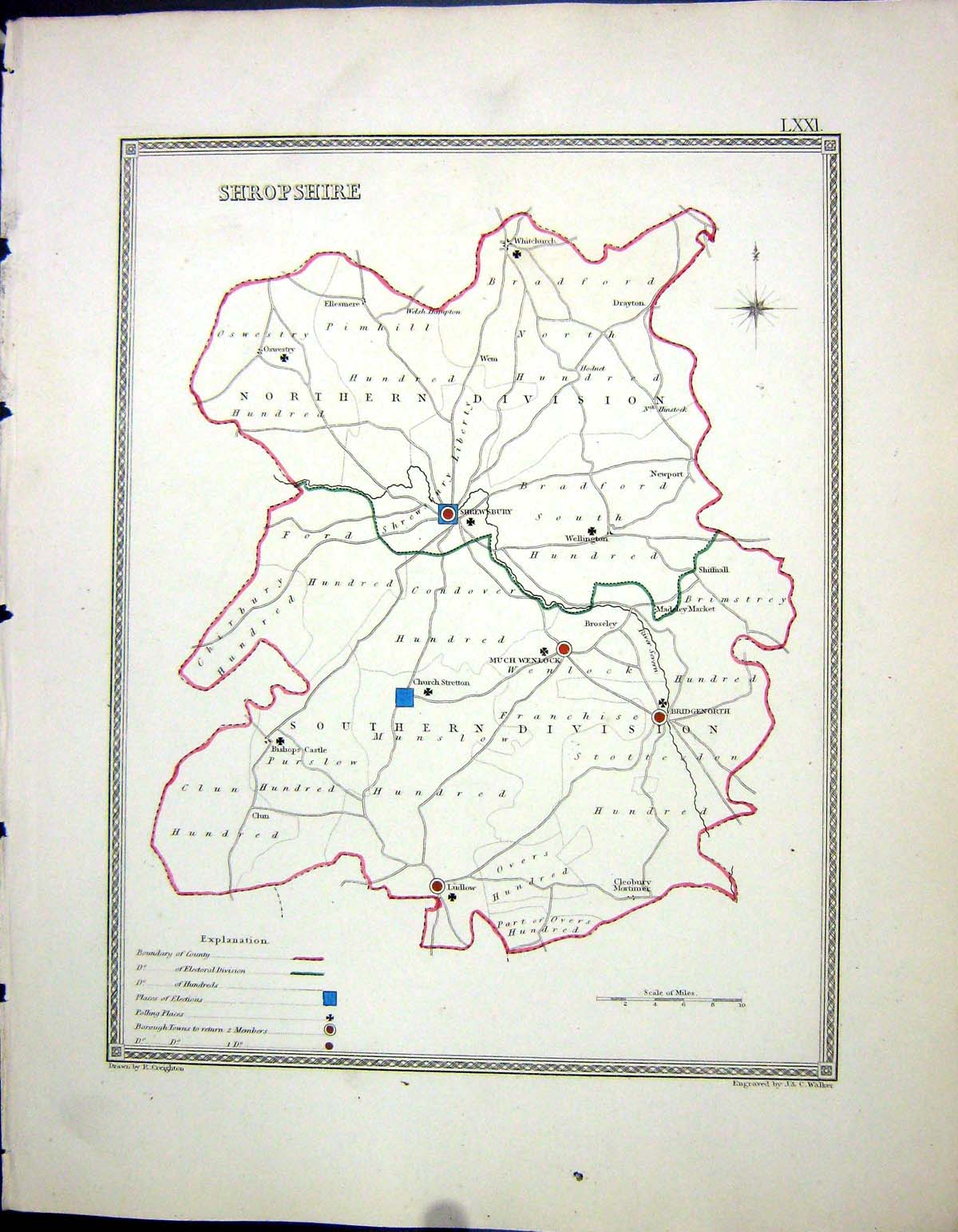 Old Shropshire England Shrewsbury Wenlock Walker Creighton Map C1850 Victorian