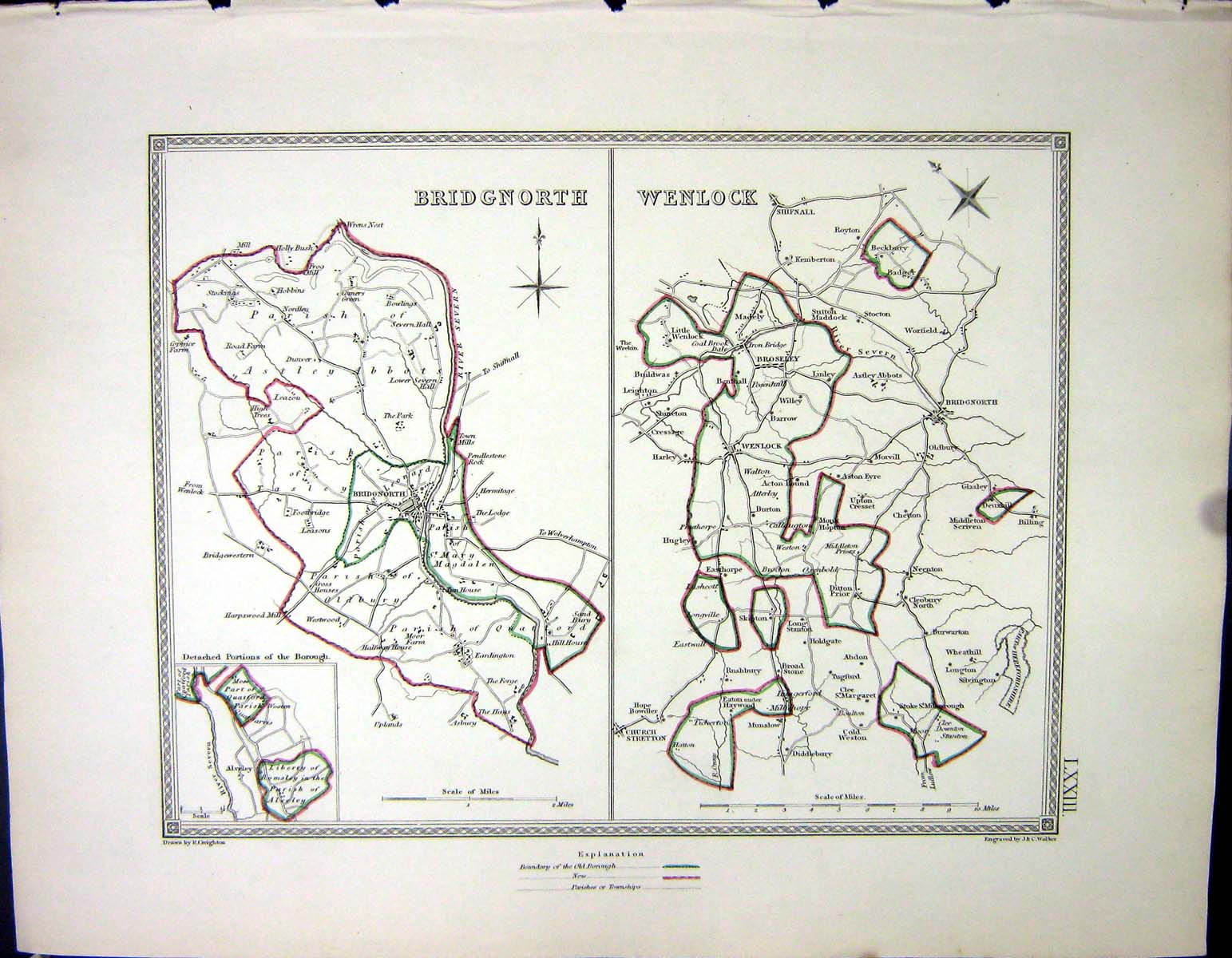 Antique Old Print Walker Creighton Map C1850 Plan Bridgnorth Wenlock England