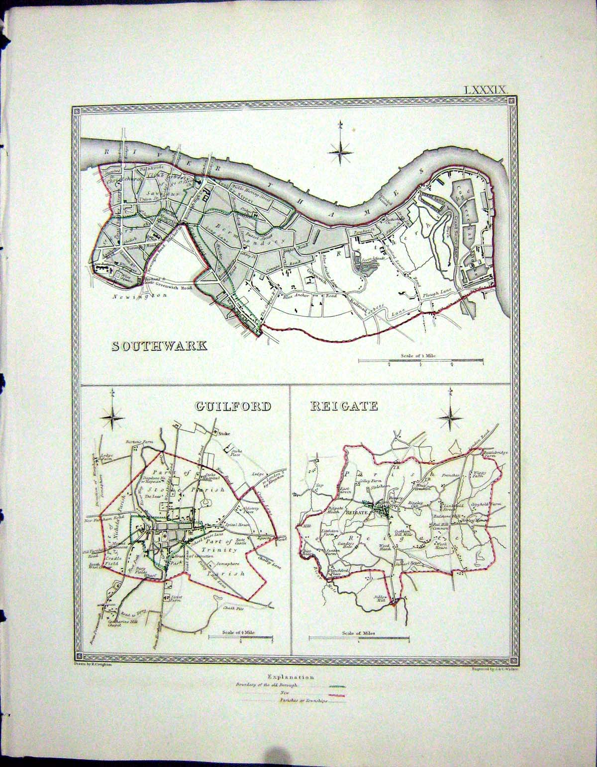 Old Walker Creighton Map C1850 Plan Southwark Guildford Reigate Engla Victorian