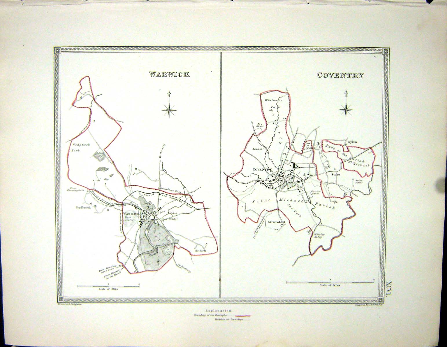 Antique Old Print Walker Creighton Map C1850 Plan Warwick Coventry England 19th