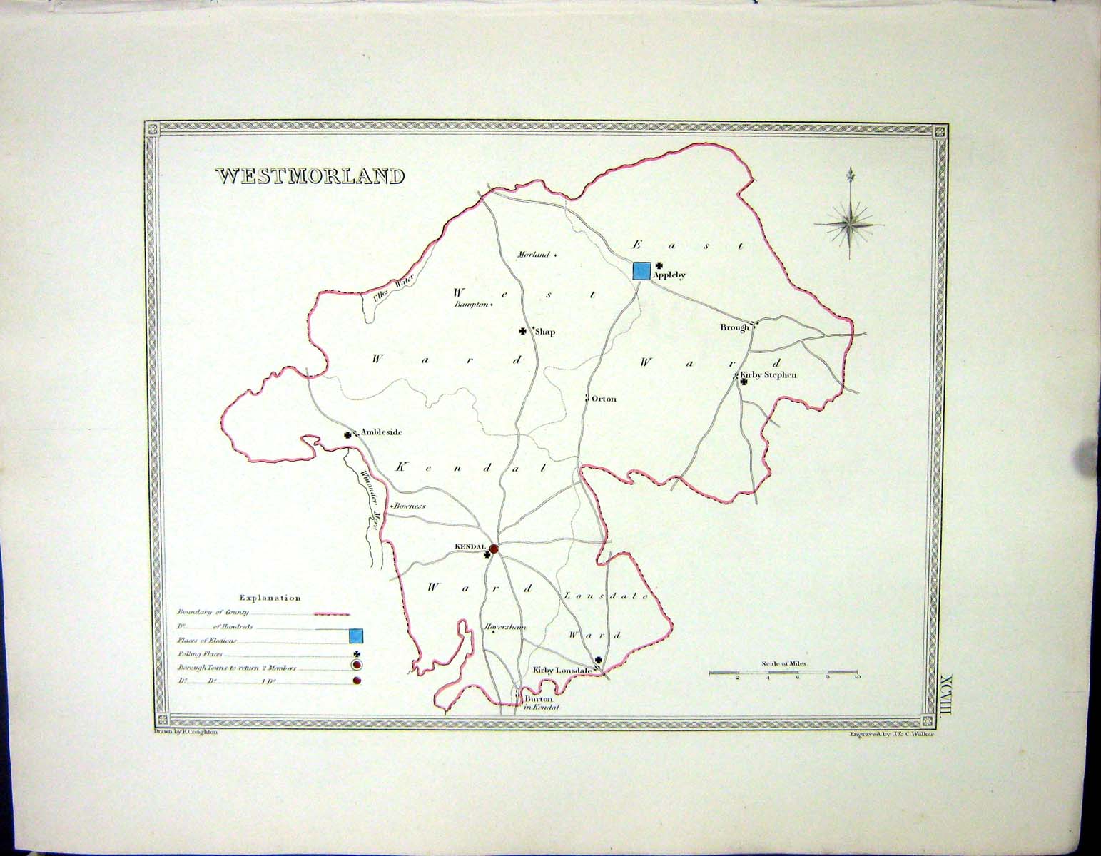 Old Print Walker Creighton Map C1850 Westmorland England Kendal Lonsdale 19th