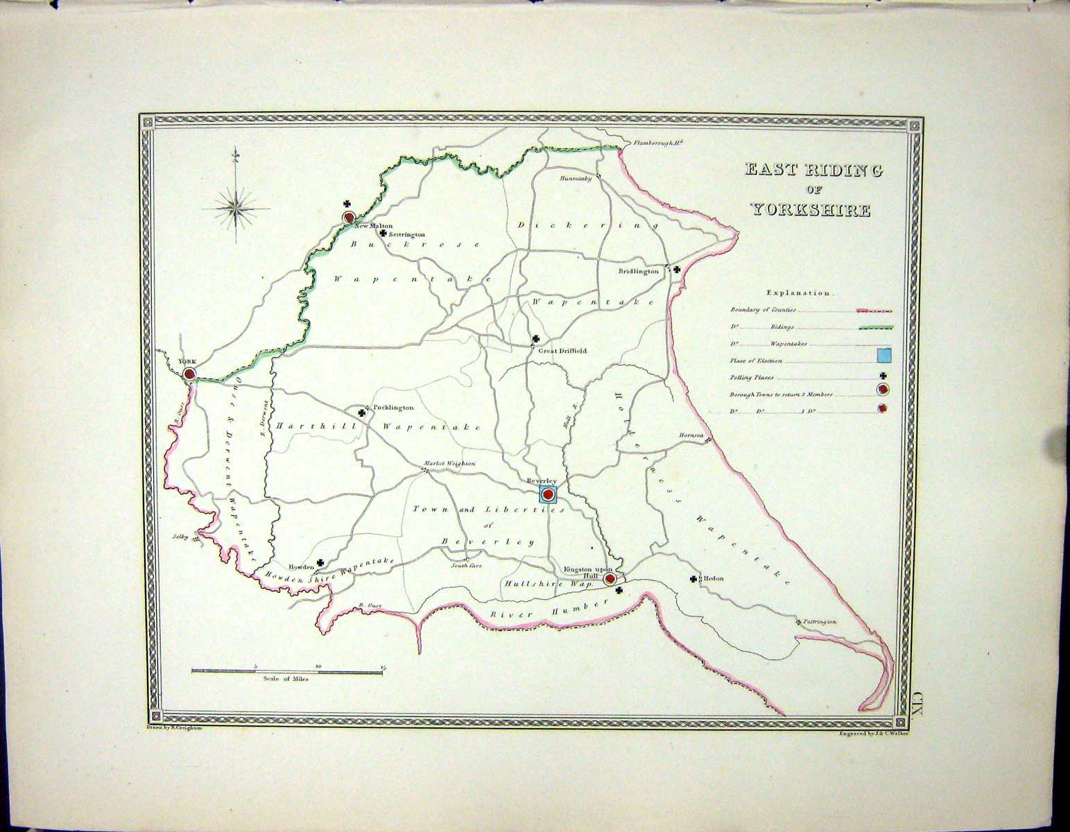 Old Print Walker Creighton Map C1850 East Riding Yorkshire England Malton 19th
