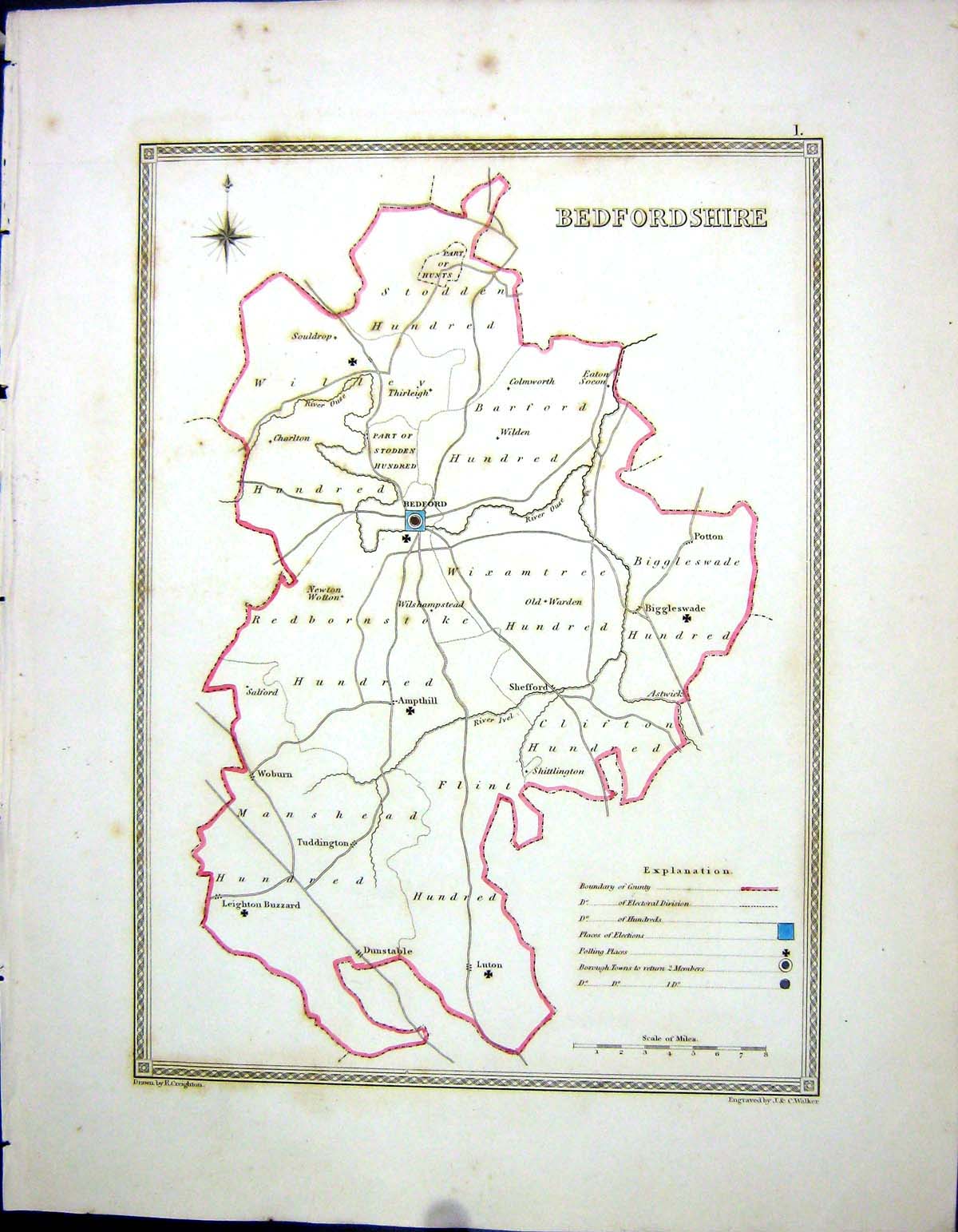 Old Print Walker Creighton Map C1850 Bedfordshire England Bedford Potton 19th